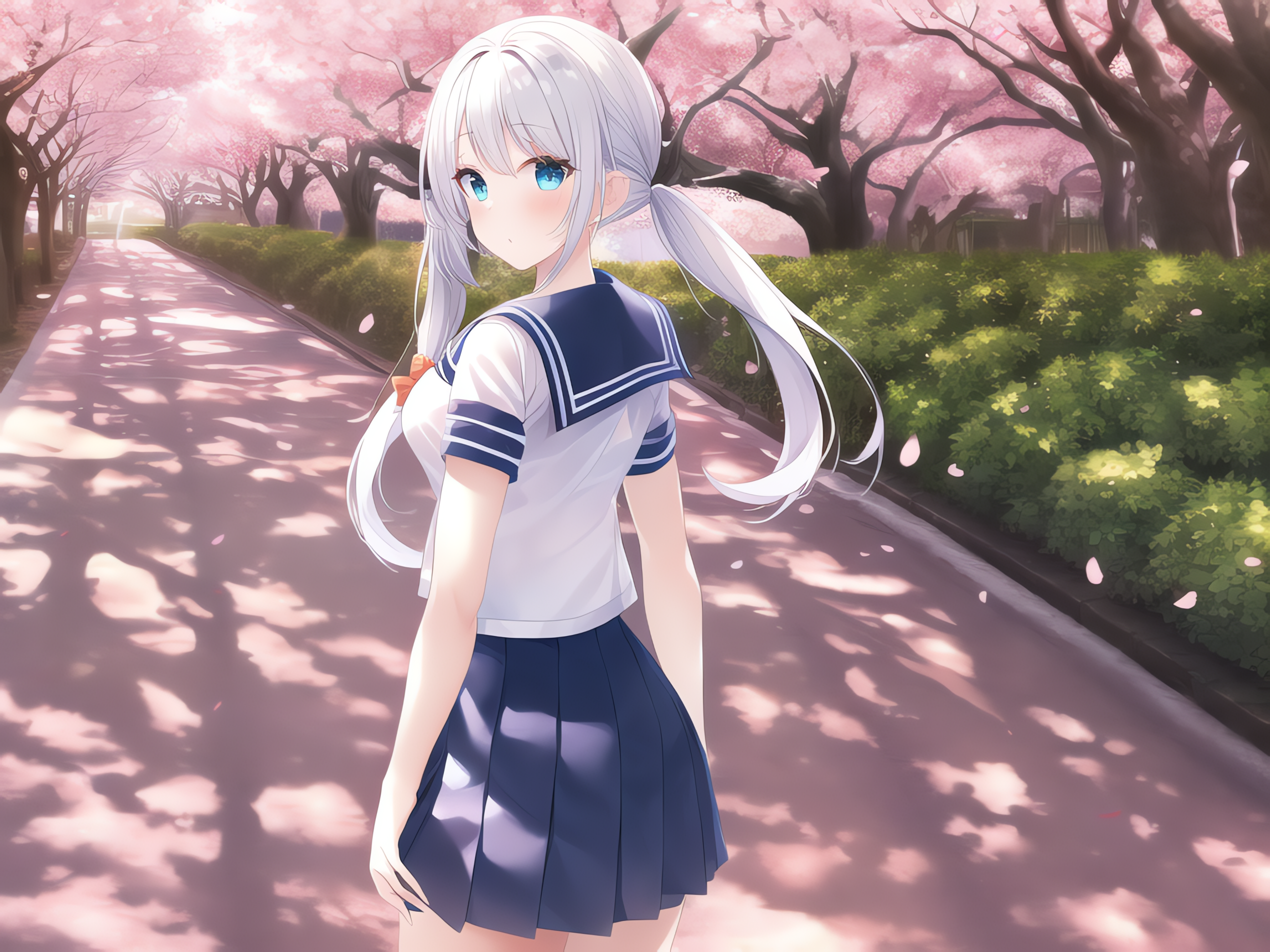 Anime 4096x3072 AI art anime girls schoolgirl school uniform petals path trees twintails looking at viewer cherry trees