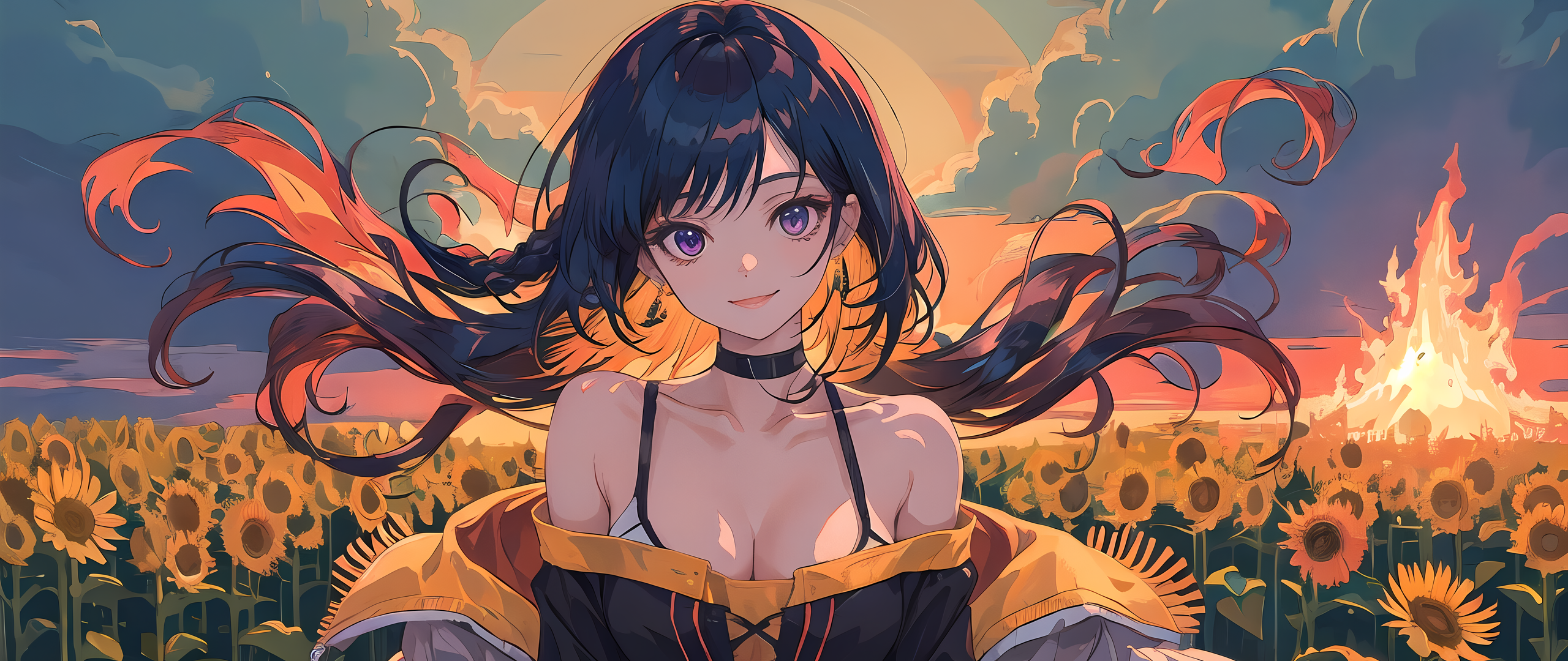 Anime 2560x1080 AI art sunset sunflowers clouds sunset glow choker purple eyes black hair looking at viewer anime girls flowers fire cleavage long hair earring