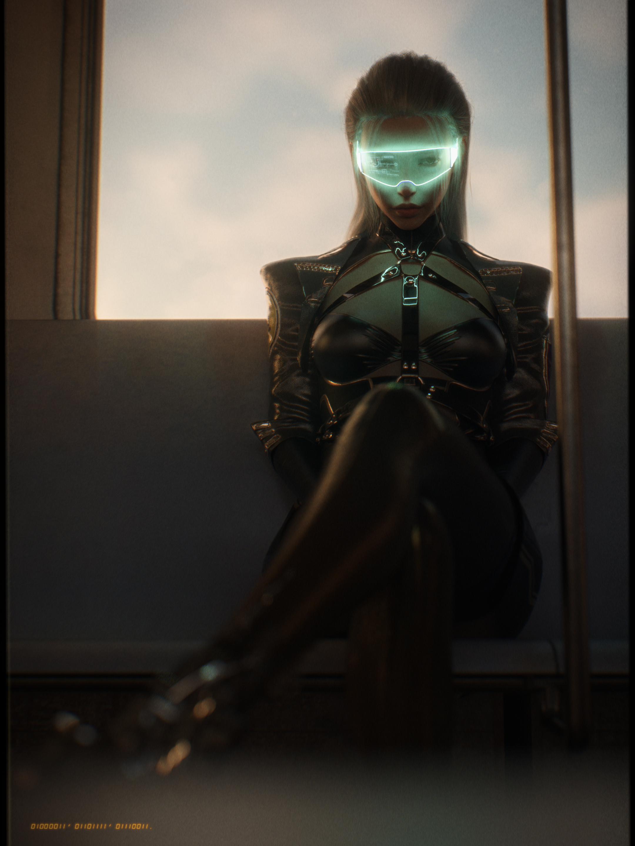 General 2160x2880 digital art artwork illustration women sitting cyberpunk legs crossed body harness portrait display