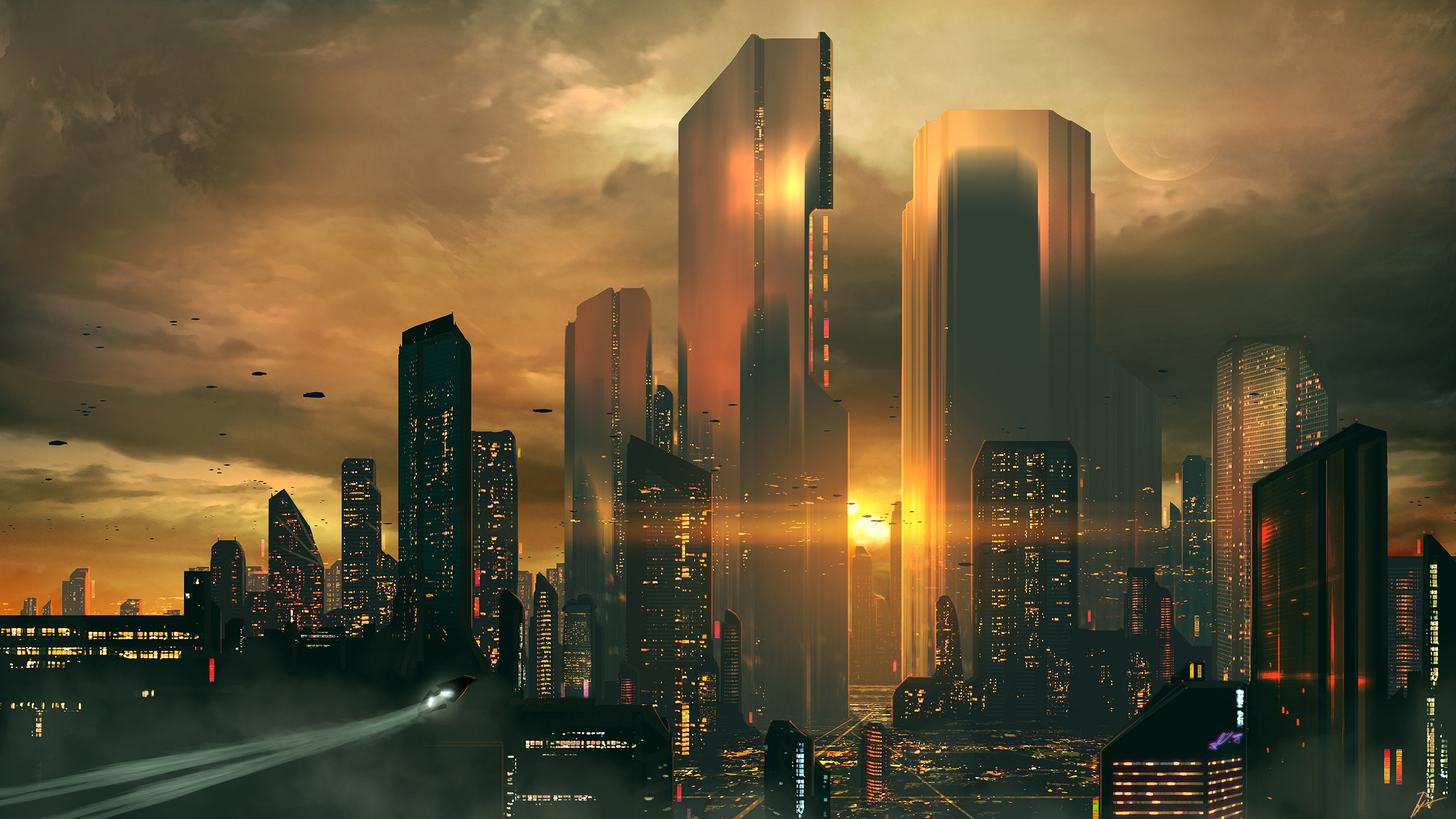 General 2560x1440 JoeyJazz futuristic science fiction sunset skyscraper cityscape digital art