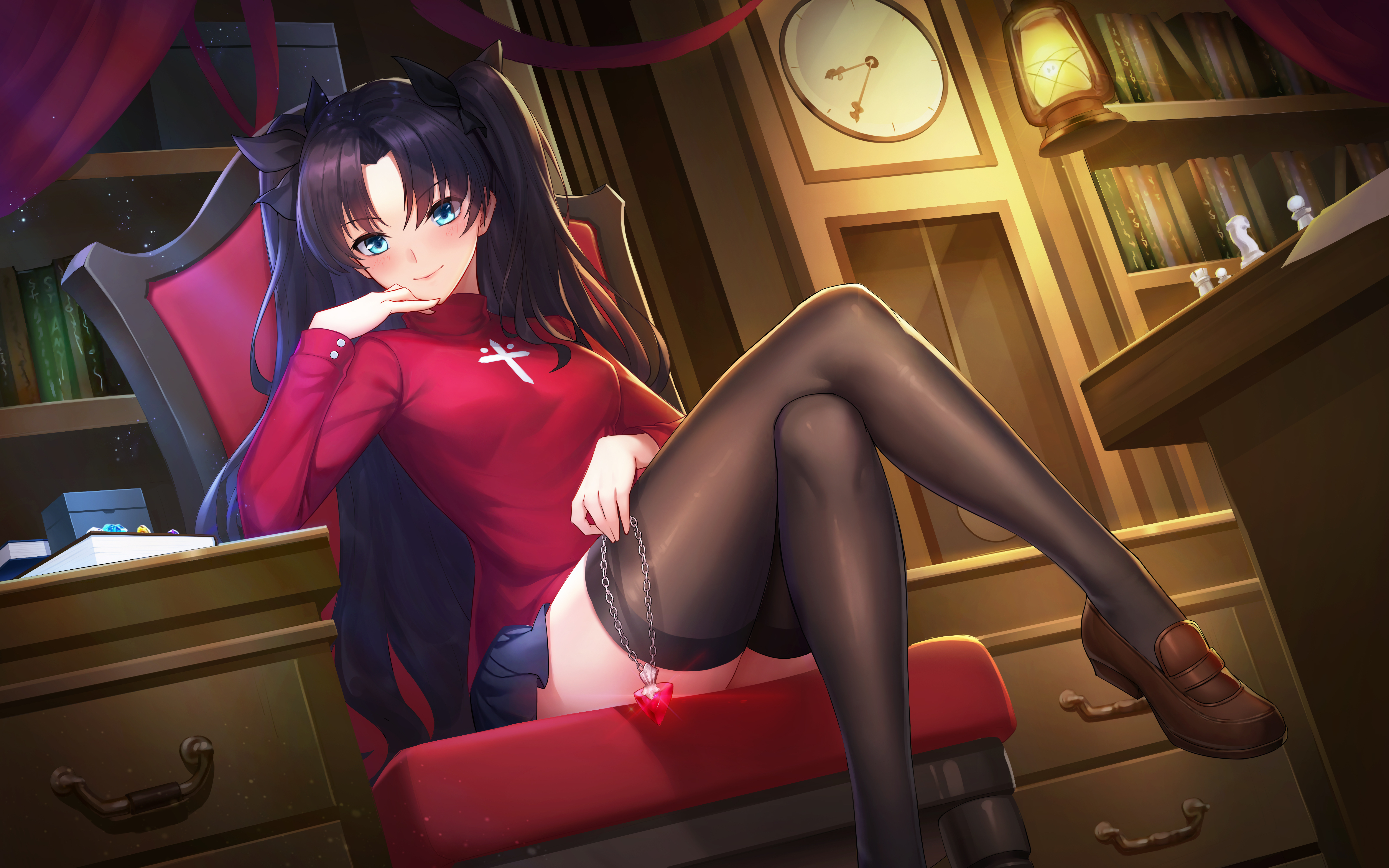 Anime 6400x4000 long hair Tohsaka Rin anime smiling red shirt clocks curtains jewel lamp miniskirt chair books chess drawer floating particles hand on face sitting looking at viewer shoes Fate series anime girls dark hair blue eyes thigh-highs low-angle Sramy Fate/Stay Night