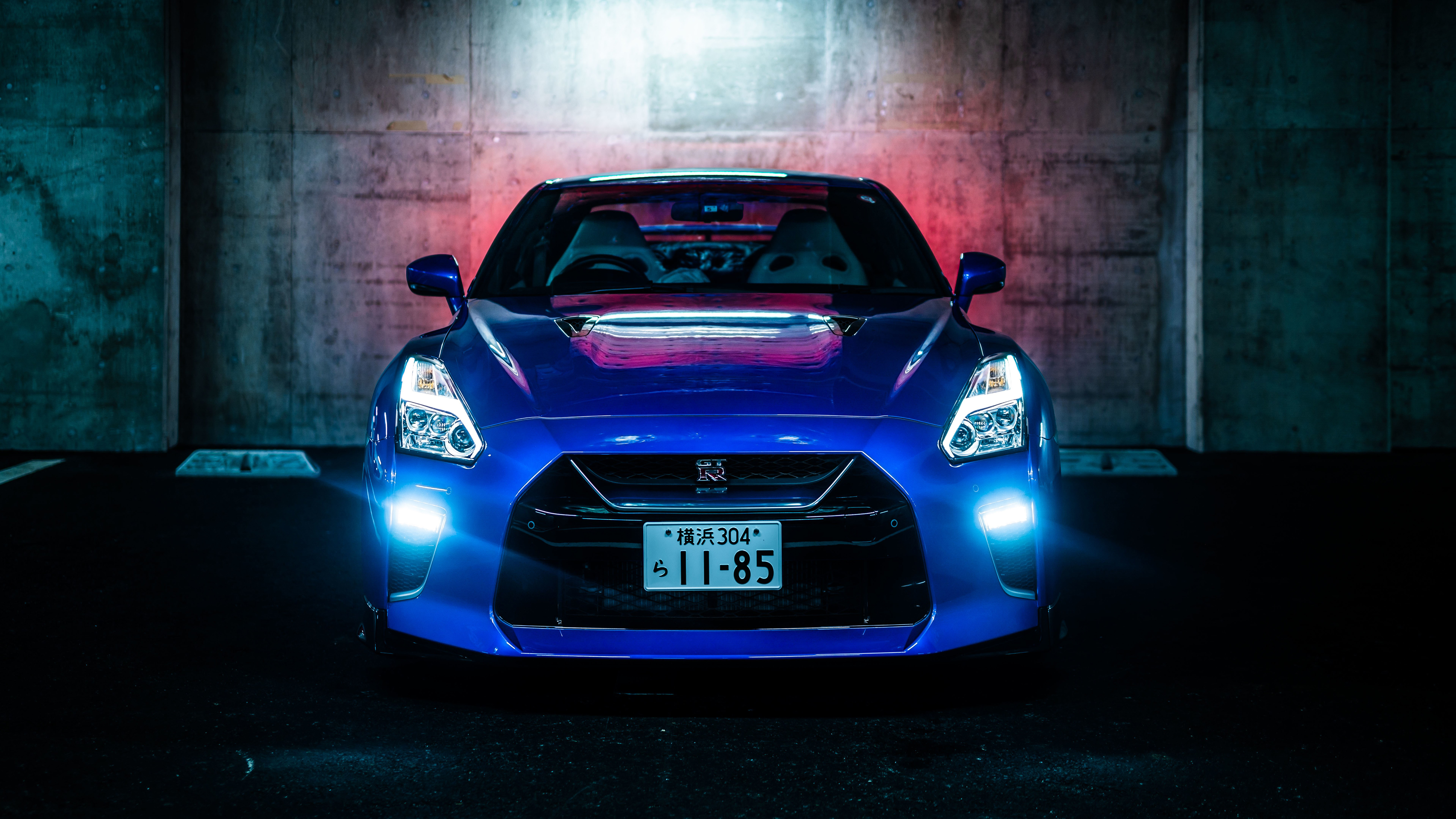 General 5120x2880 Nissan GT-R car vehicle blue cars parking lot low light supercars Nissan frontal view Japanese cars