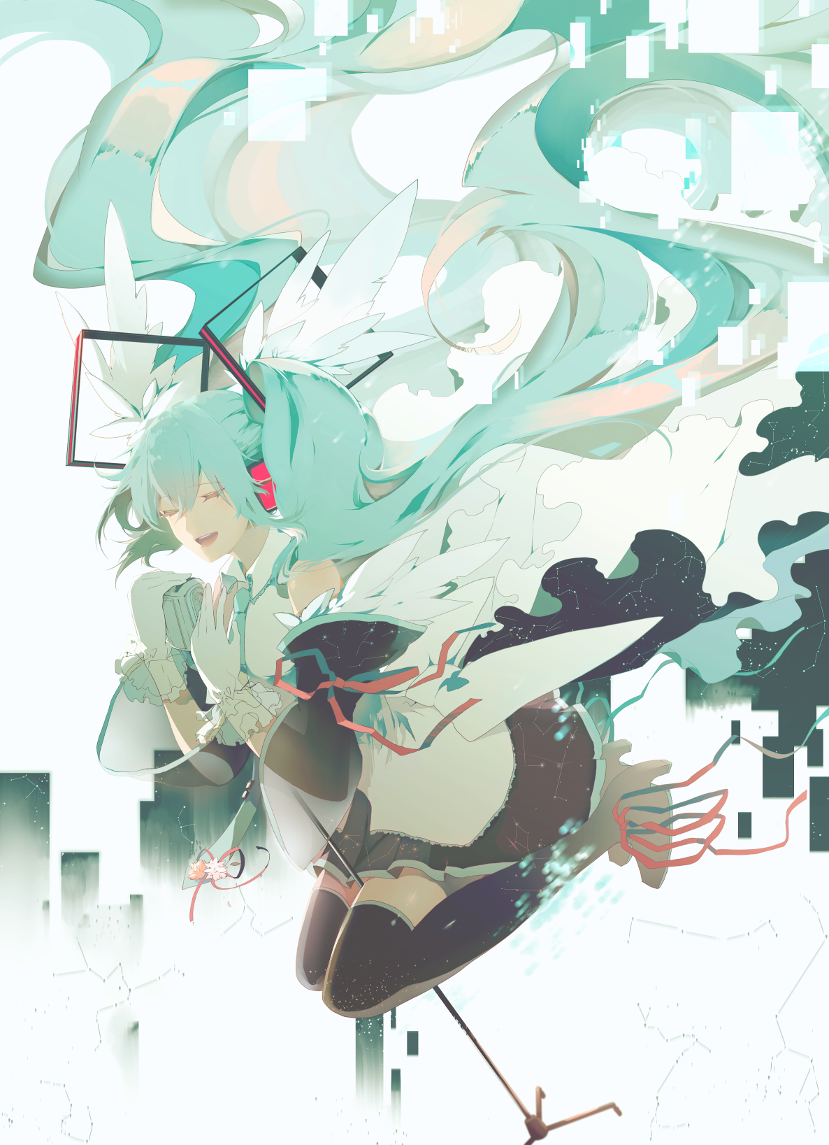 Anime 1186x1637 anime anime girls white background Vocaloid Hatsune Miku long hair twintails singing Pixiv cyan hair stockings black stockings legs together
