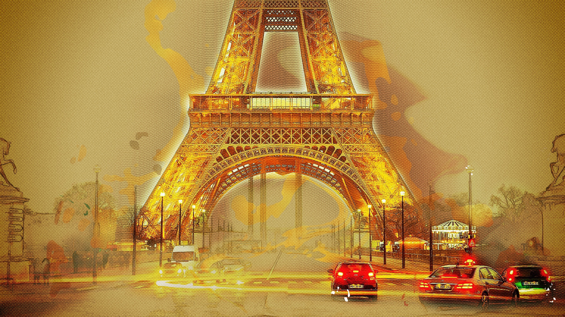 General 1920x1080 Paris France Eiffel Tower city car traffic artwork Europe landmark digital art