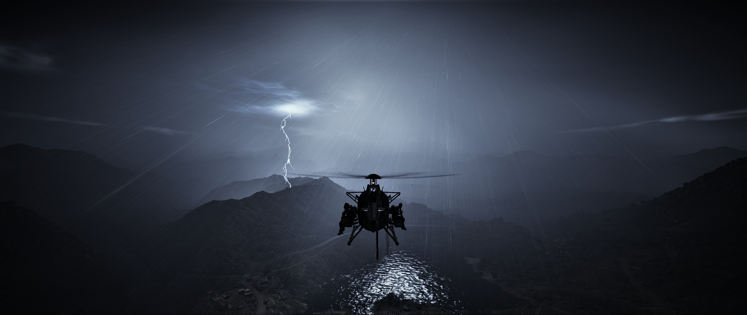 General 2560x1080 Tom Clancy's Ghost Recon: Wildlands screen shot AMD ultrawide PC gaming video game landscape vehicle helicopters lightning rain