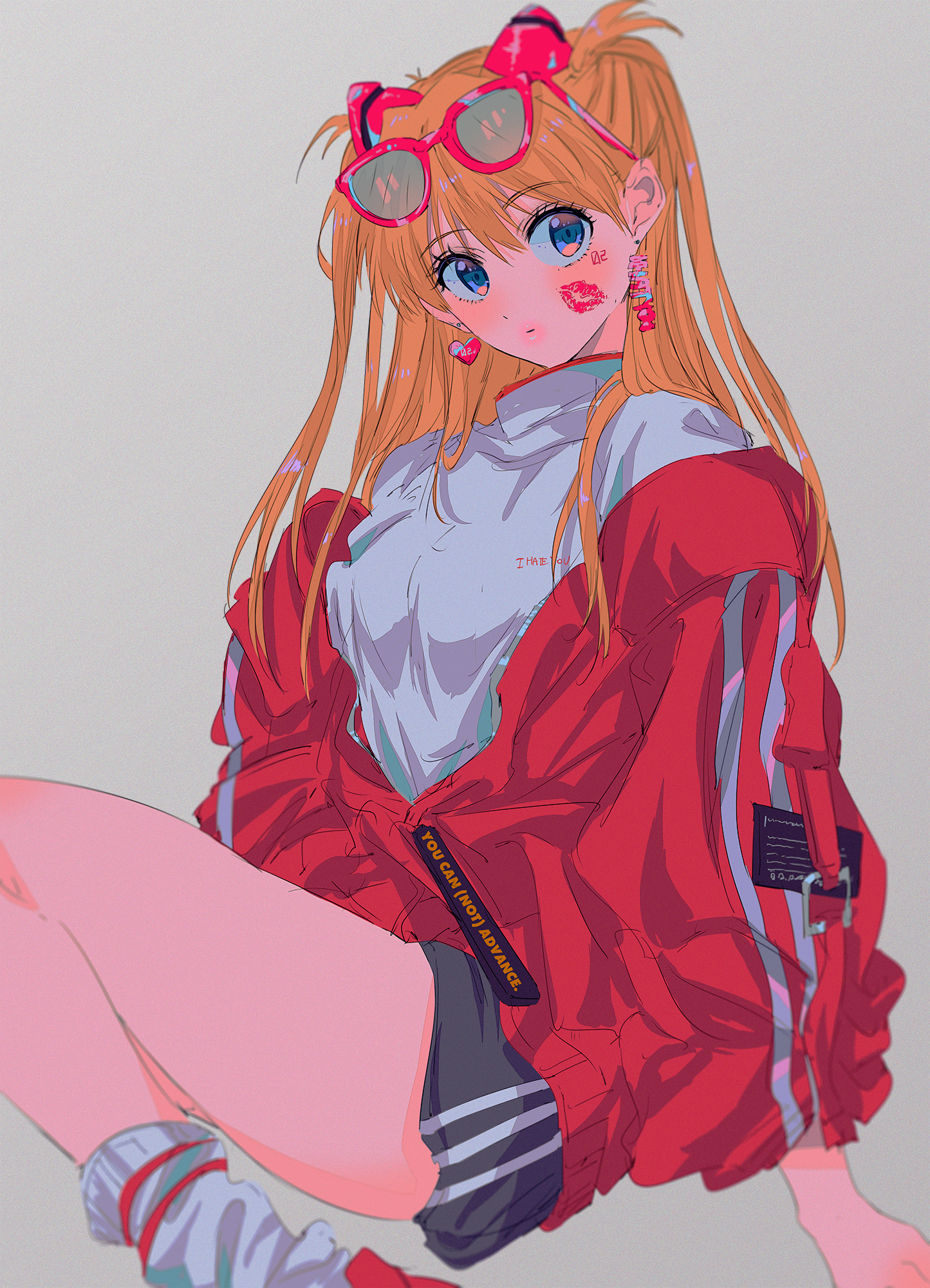 Anime 1445x2000 Neon Genesis Evangelion anime girls Asuka Langley Soryu 2D redhead twintails small boobs red jackets thighs simple background red lipstick women with glasses blue eyes long hair fan art
