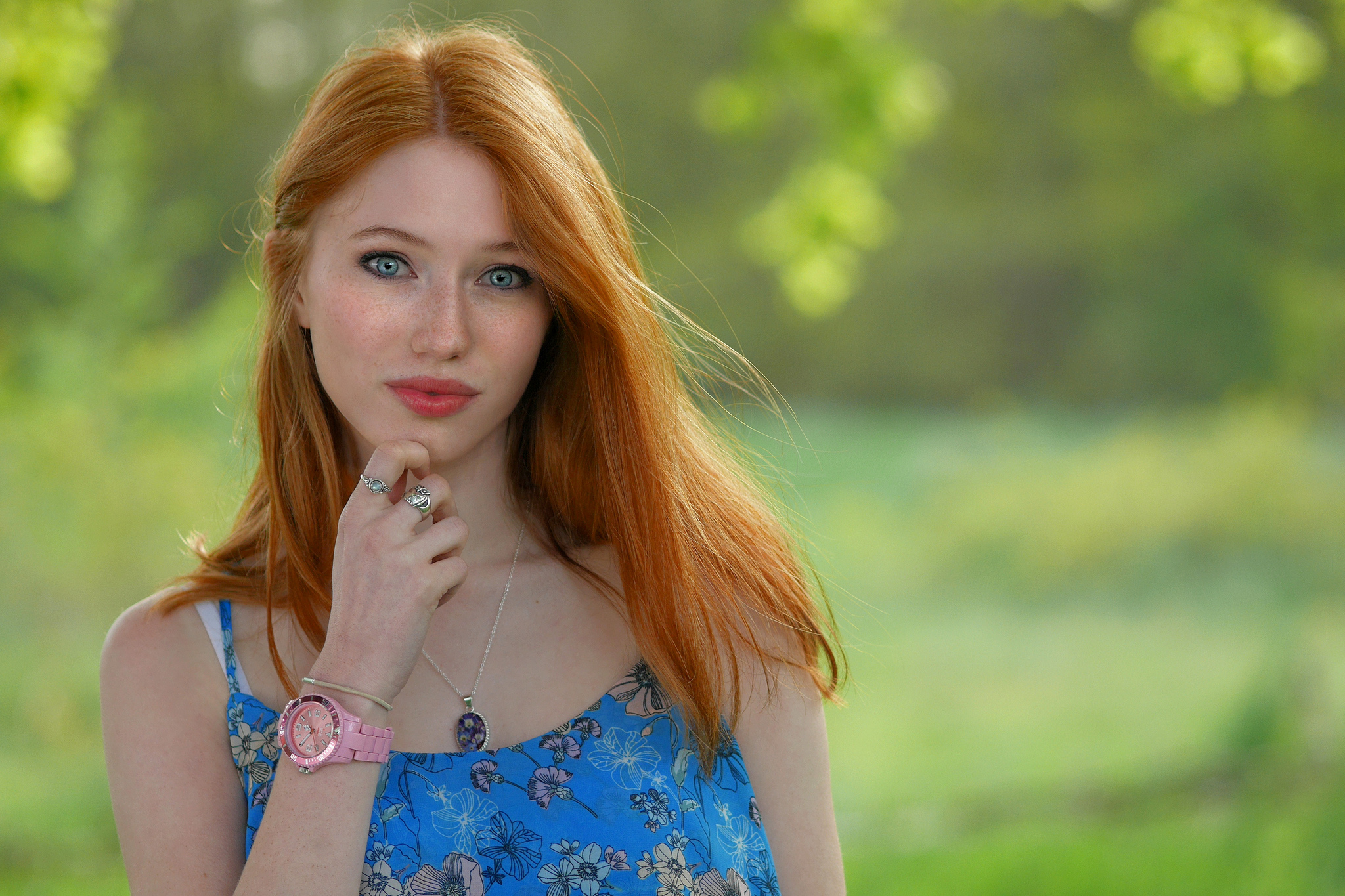 People 2048x1365 women model redhead long hair looking at viewer touching face gray eyes freckles smiling tank top necklace field watch portrait depth of field outdoors women outdoors