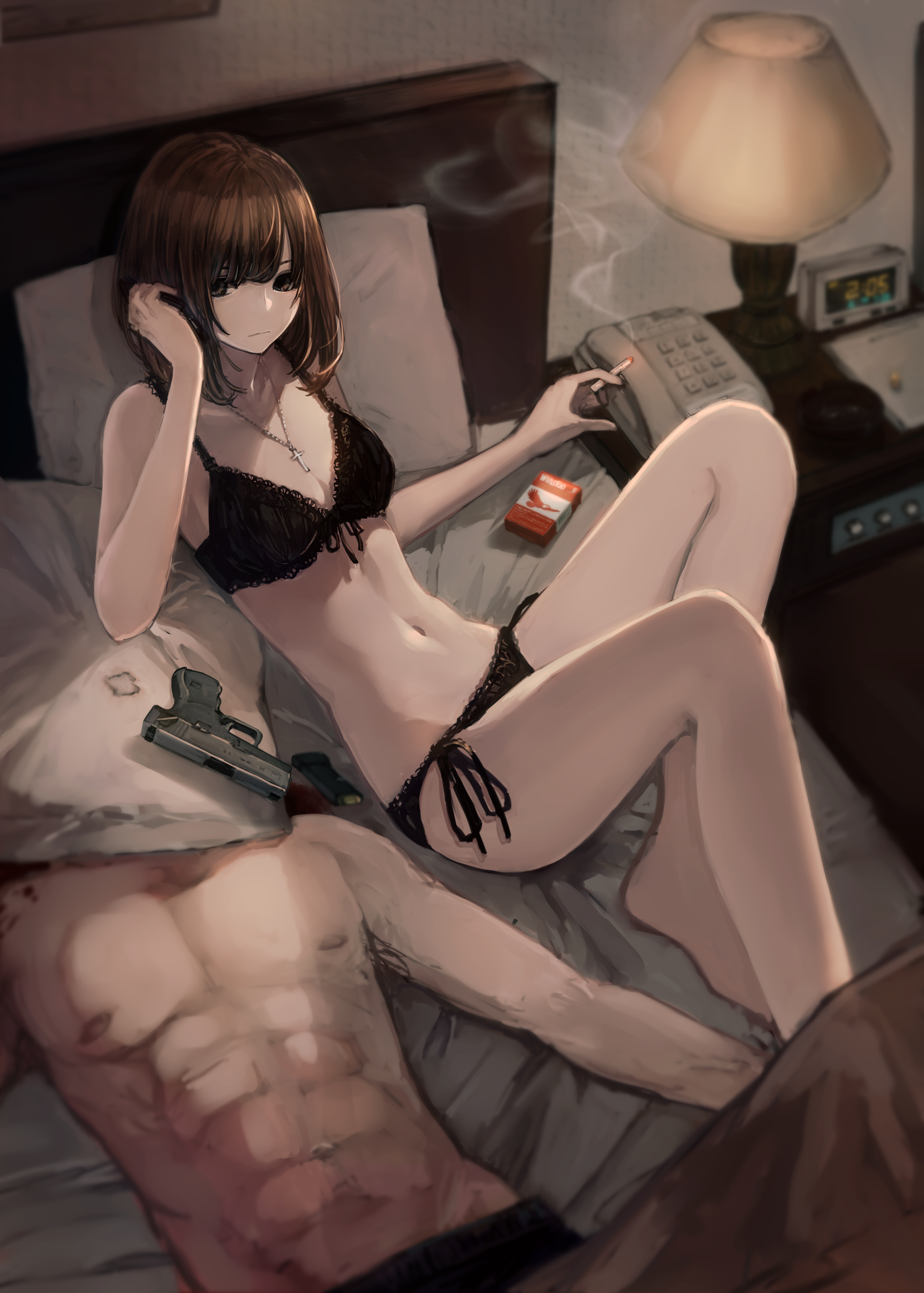 Anime 2591x3624 anime girls anime original characters Hashimoto Kokai high angle dead gun in bed women cigarettes bedroom murder