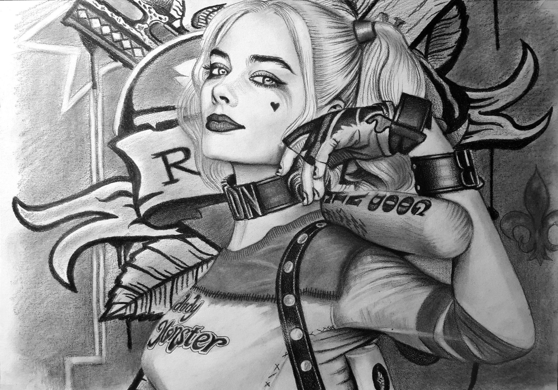 General 1920x1341 fan art drawing Harley Quinn artwork monochrome Margot Robbie