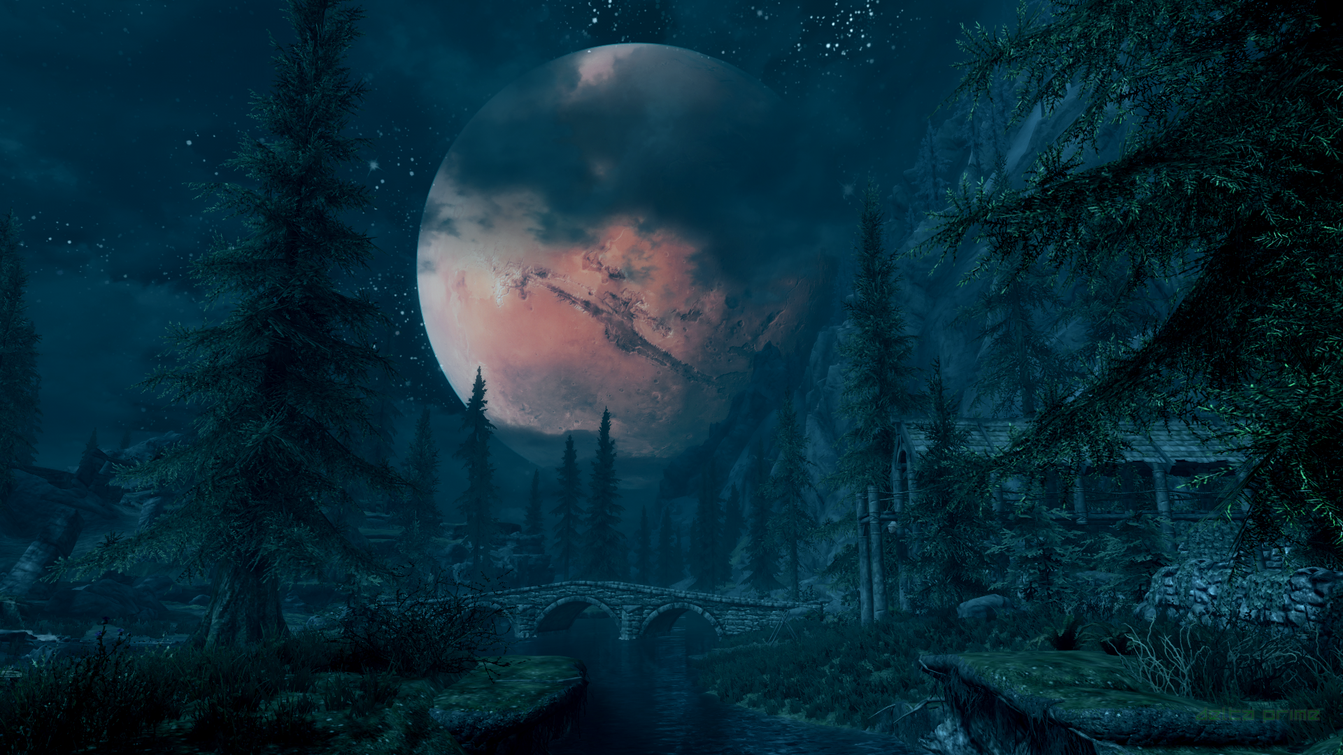 General 1920x1080 The Elder Scrolls V: Skyrim PC gaming screen shot Riverwood Moon Secunda Moonset night sky
