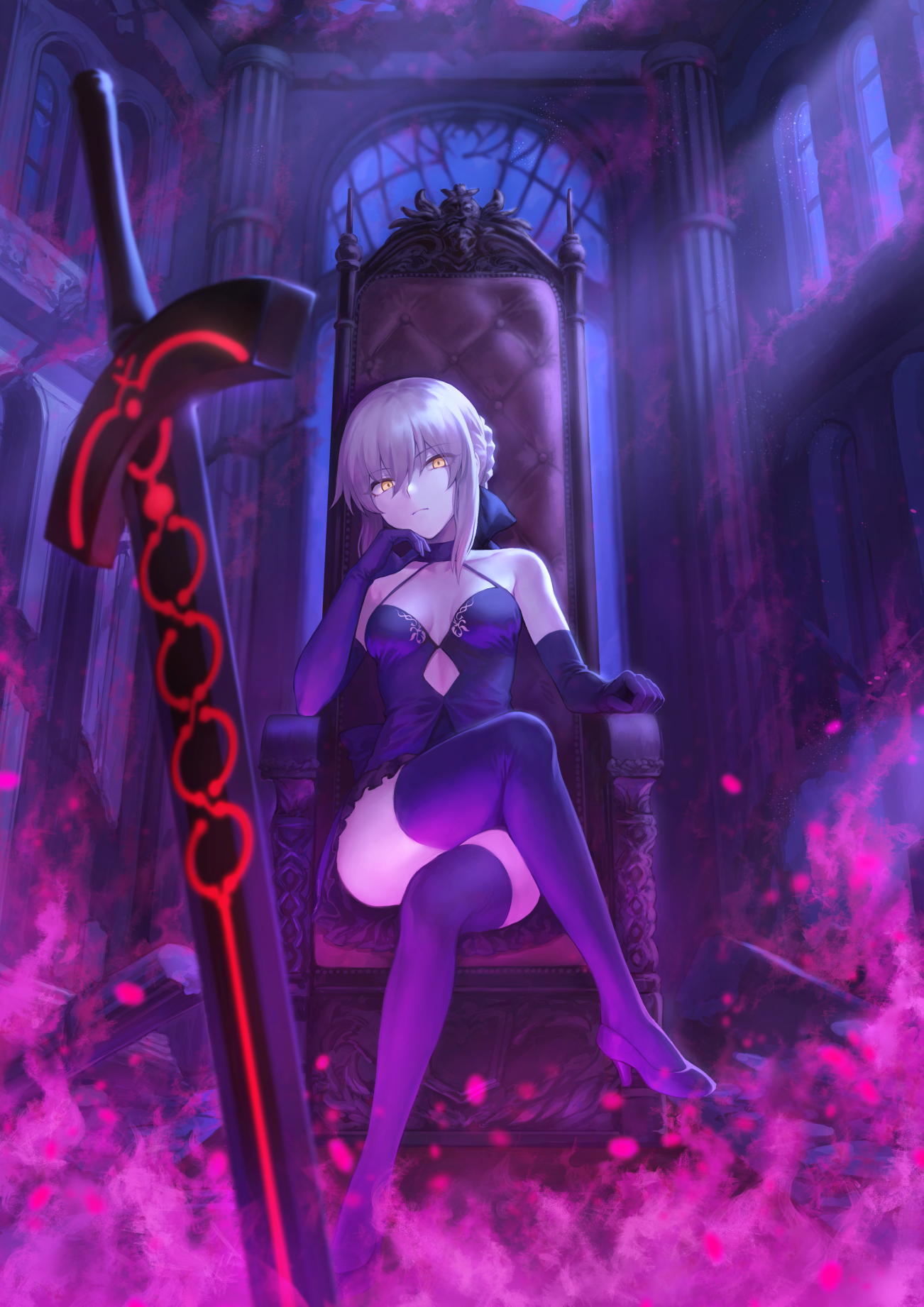 Anime 1302x1842 Fate/Grand Order Saber Alter Mashu 003 yellow eyes stockings legs crossed thigh-highs black thigh highs
