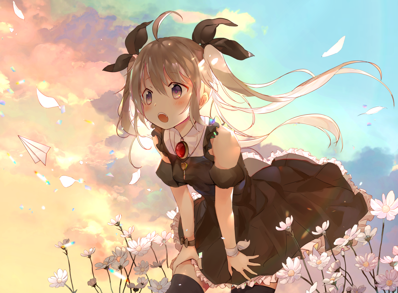 Anime 1361x1000 anime anime girls long hair gray hair twintails sky clouds flowers original characters paper planes
