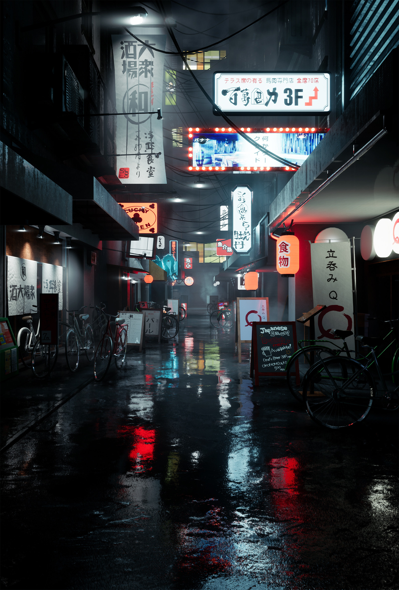 General 1600x2364 city CGI Japan kanji text bicycle road wet portrait display night city lights street