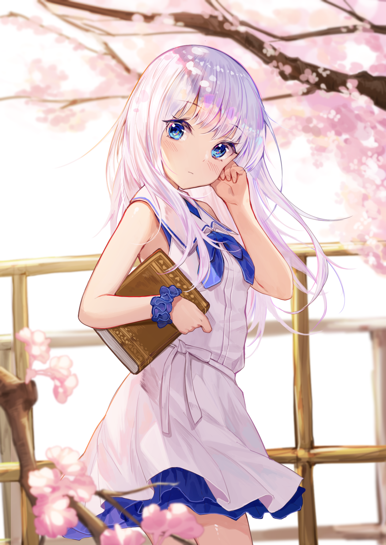 Anime 1260x1776 anime anime girls portrait display books trees long hair white hair blue eyes dress sailor uniform cherry blossom artwork Mokew