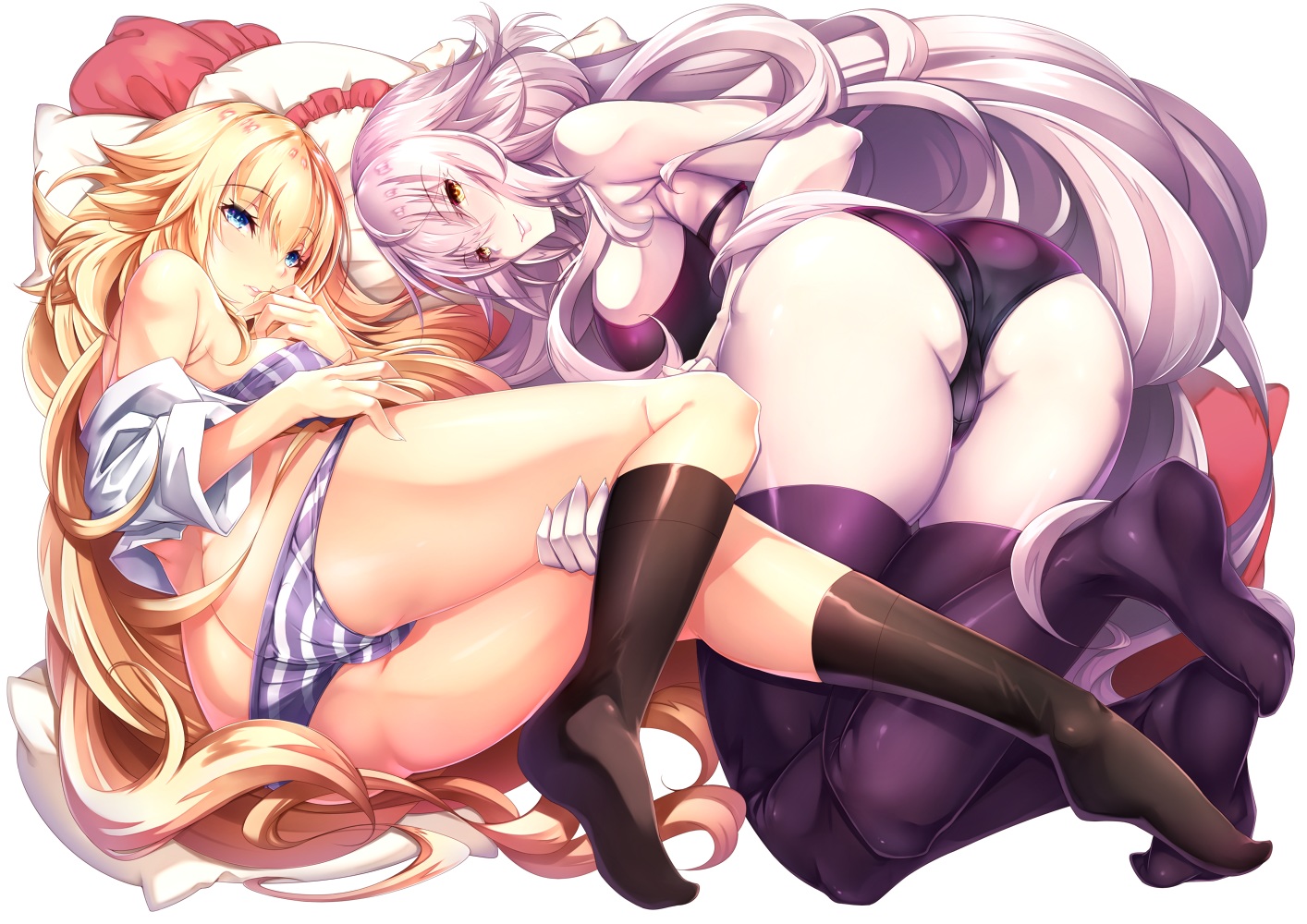 Anime 1414x1000 Fate/Grand Order Jeanne (Alter) (Fate/Grand Order) Jeanne d'Arc (Fate) ass panties long hair blonde blue eyes yellow eyes white hair pantyhose thigh-highs blushing cameltoe underwear