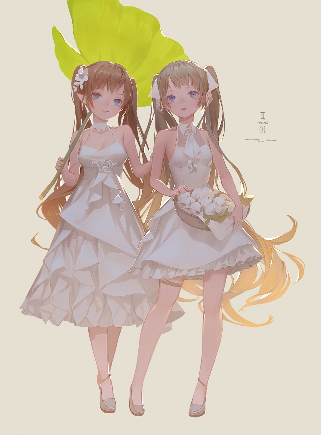 Anime 1065x1440 anime anime girls blue eyes simple background dress brunette twintails twins pointy ears Echosdoodle original characters