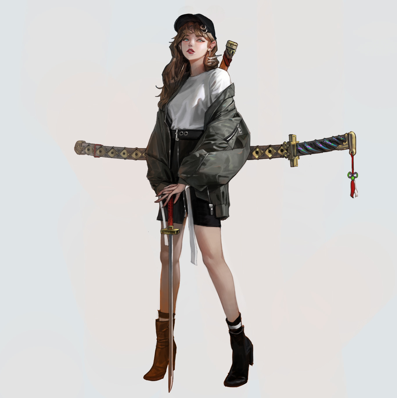 General 1367x1370 anime girls fantasy girl simple background artwork anime Wonbin Lee women with swords