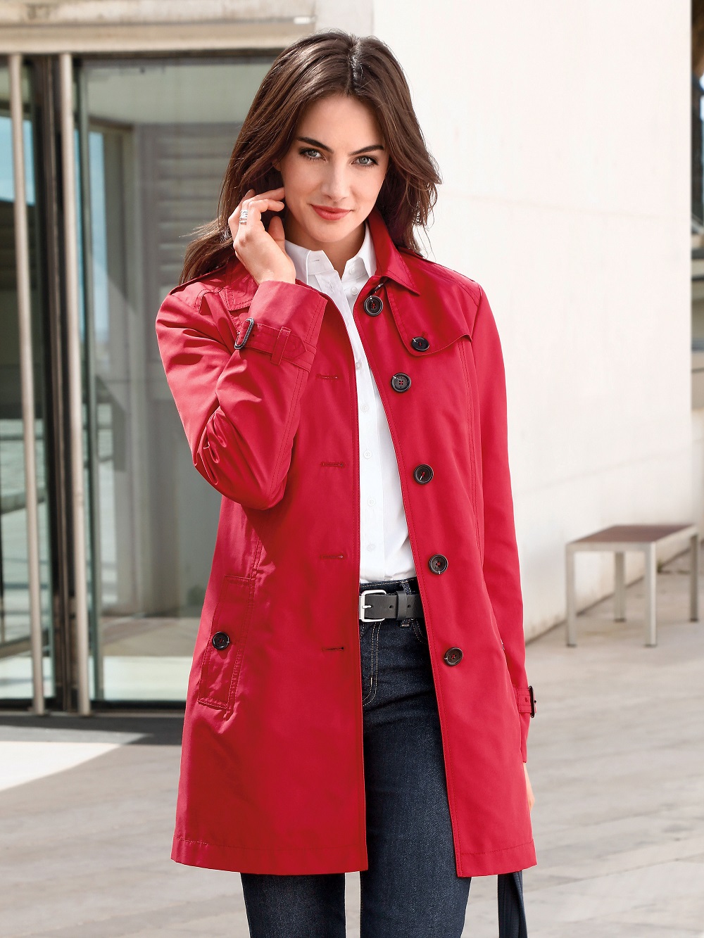 People 1000x1333 women model brunette red coat coats white shirt looking at viewer standing shirt open coat closed mouth trench coat