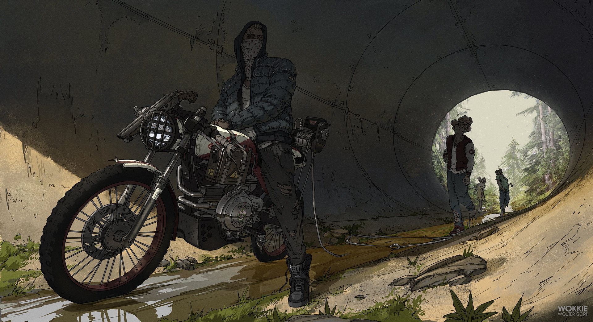 General 1920x1044 concept art digital art artwork dark Neo-noir zombies motorcycle biker gun Wouter Gort illustration science fiction