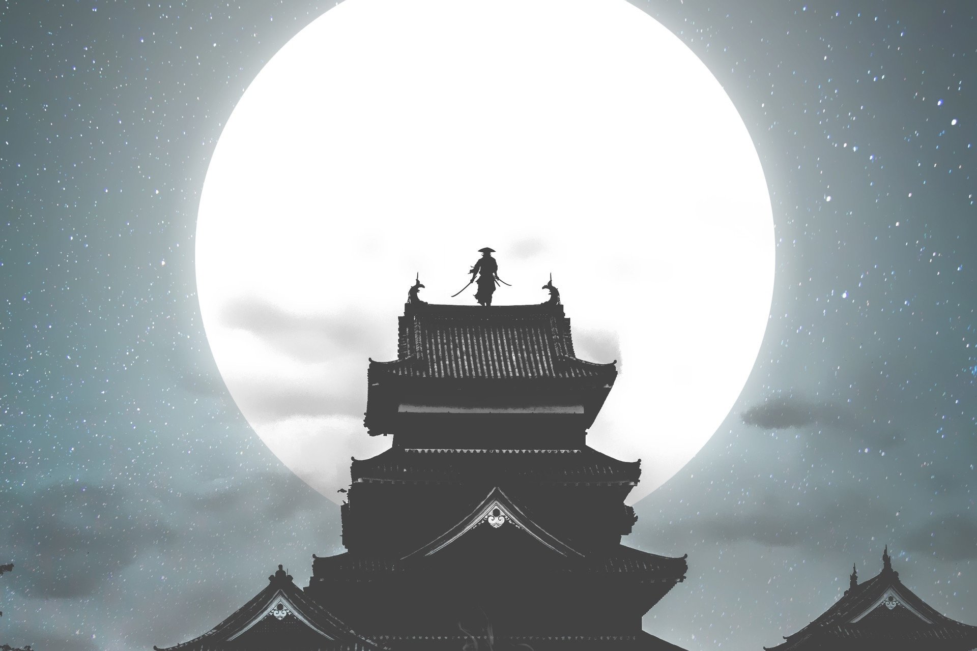 General 1920x1280 samurai Moon night temple warrior men katana sword shilouettes digital art