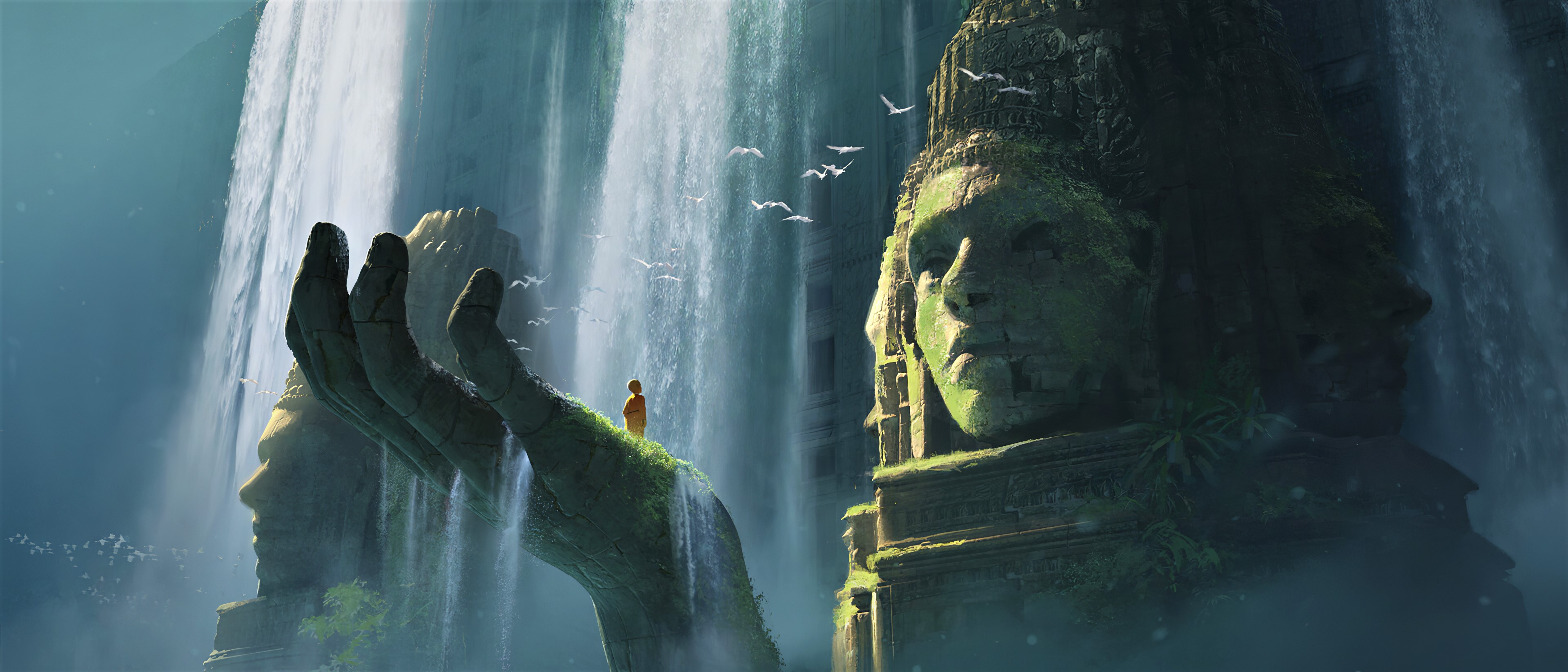Легенда холмов. Водопад статуя Будды. Статуя фэнтези. Каменная статуя фэнтези. Водопад фэнтези.