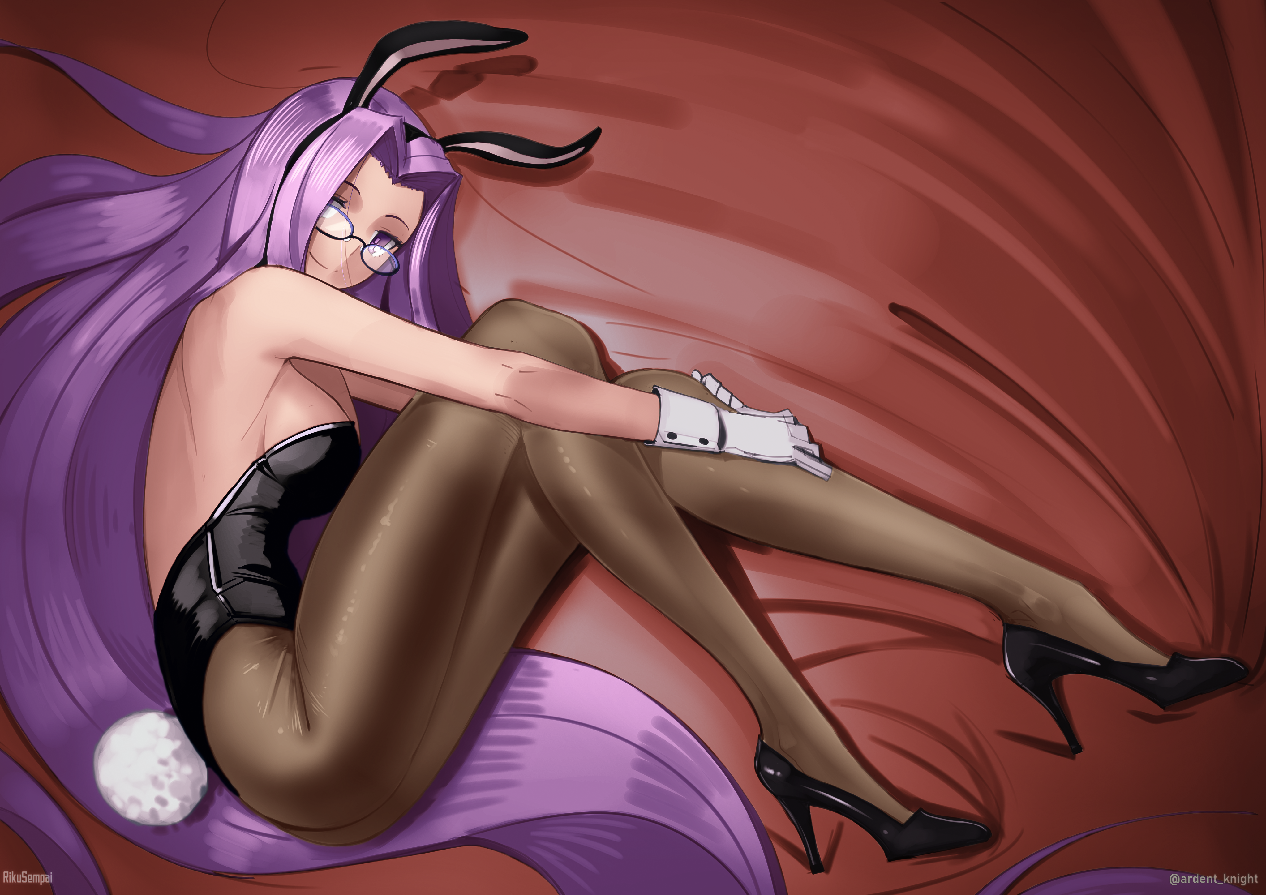 Anime 4093x2894 Fate series Fate/Stay Night Rider (Fate/Stay Night) anime anime girls Fate/Grand Order fate/stay night: heaven's feel bunny suit 2D big boobs no bra long hair purple hair animal ears women with glasses bareback thighs smiling purple eyes sideboob pantyhose fan art ass