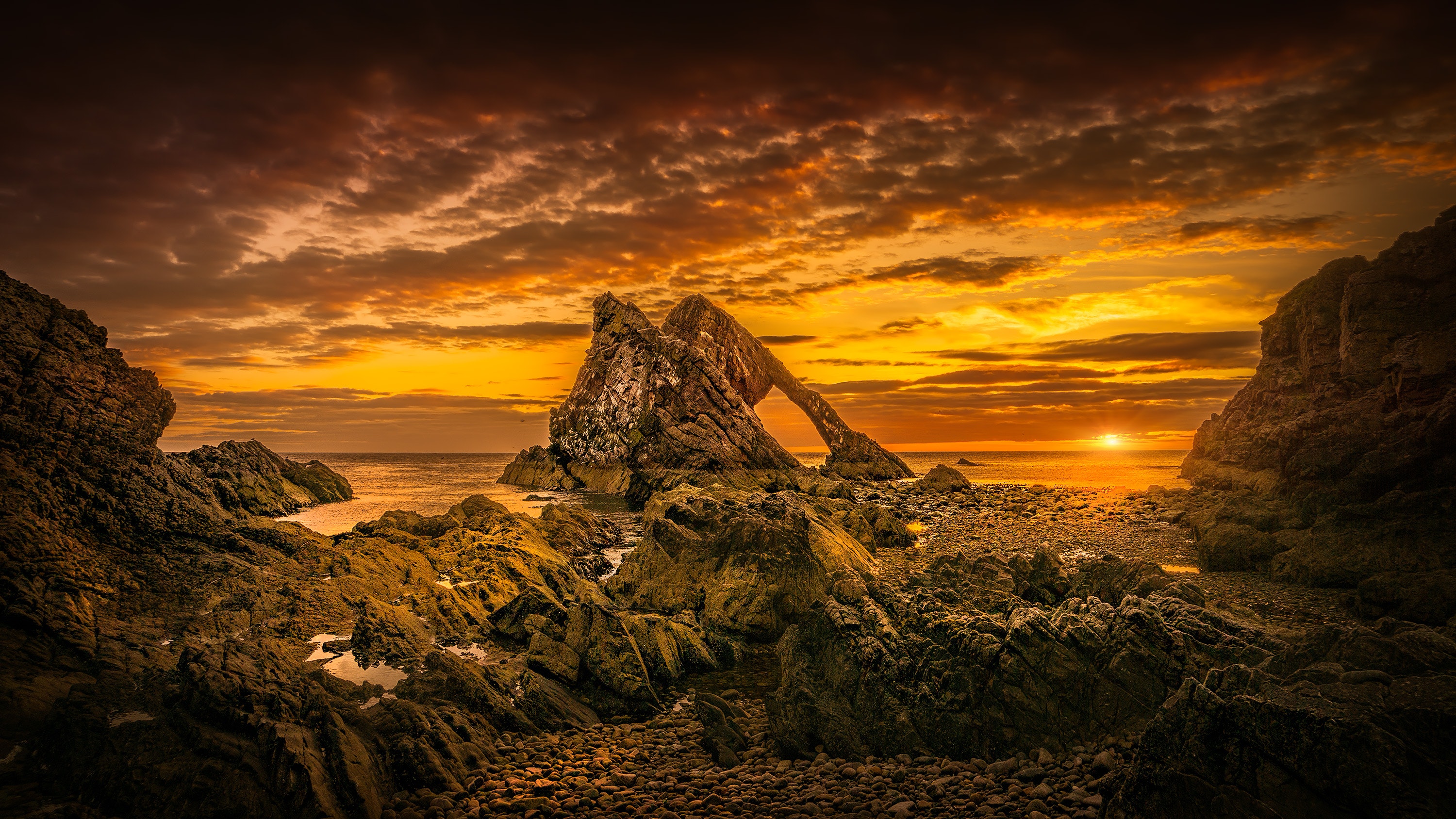General 3000x1688 Scotland Bow Fiddle Rock beach clouds sea rock formation sunset