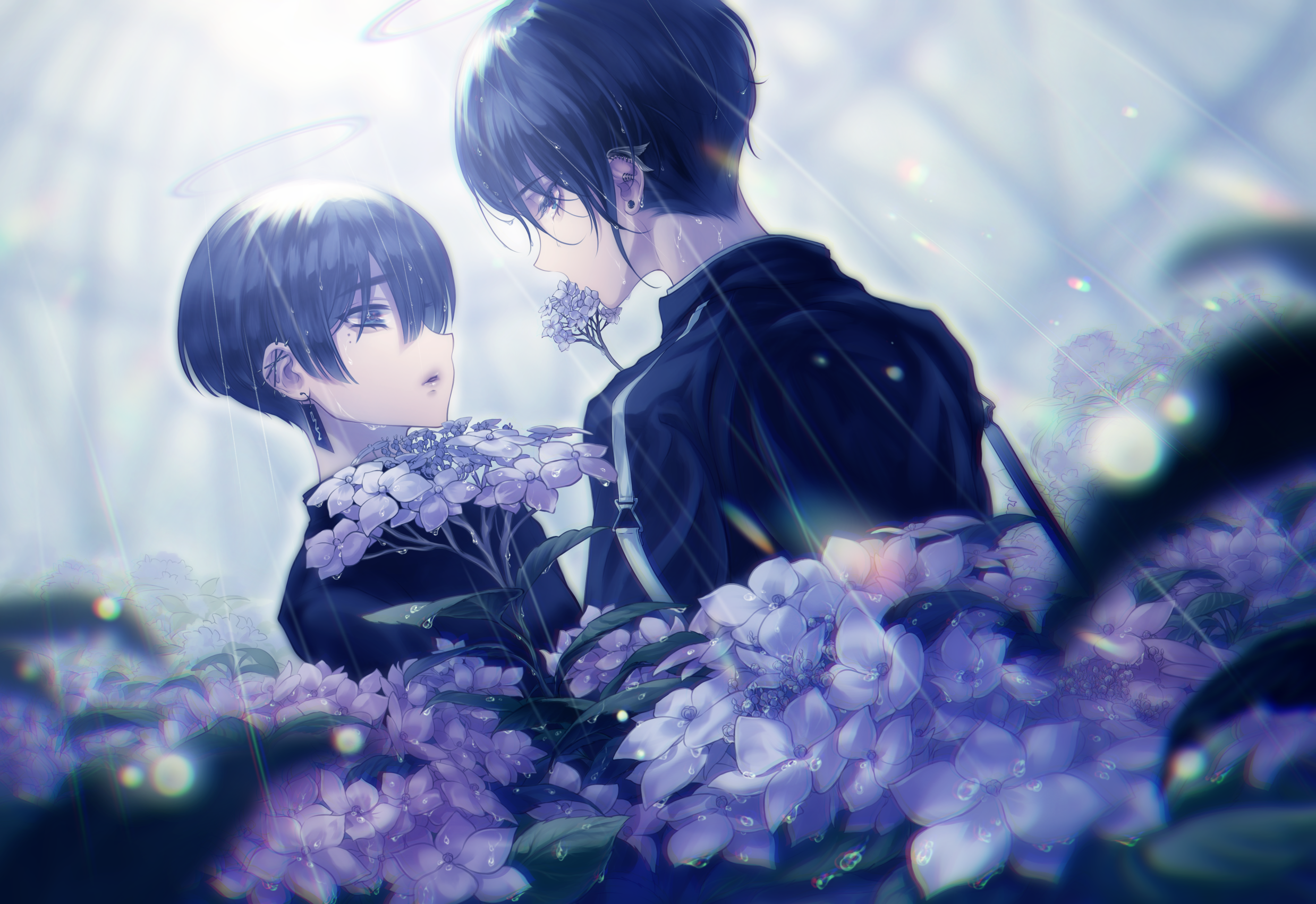 Anime 2477x1702 men piercing hydrangea flowers rain bright black hair