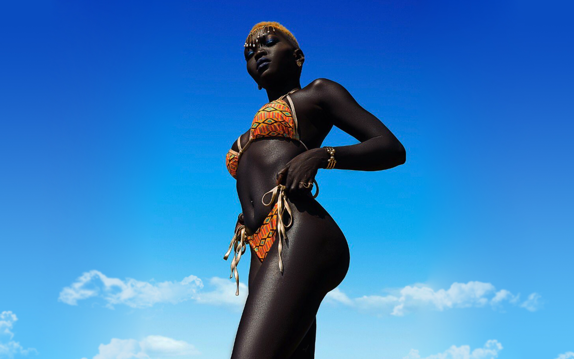 People 1920x1200 Nyakim Gatwech dyed hair model bikini hands on hips women dark skin ass sky clouds women outdoors