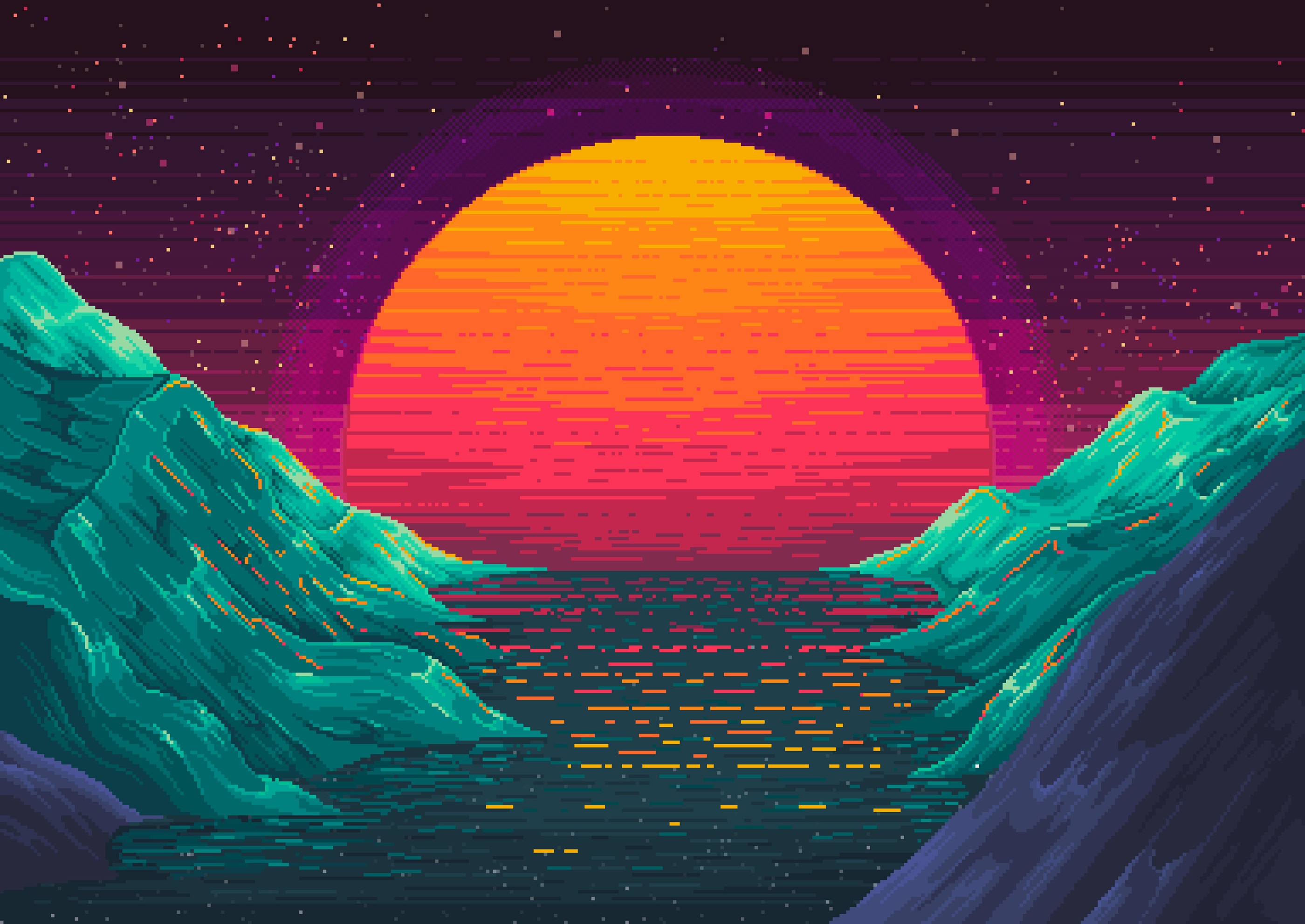 General 2800x1983 Sun water hills abstract stars mountains sun rays river pixel art pixelated