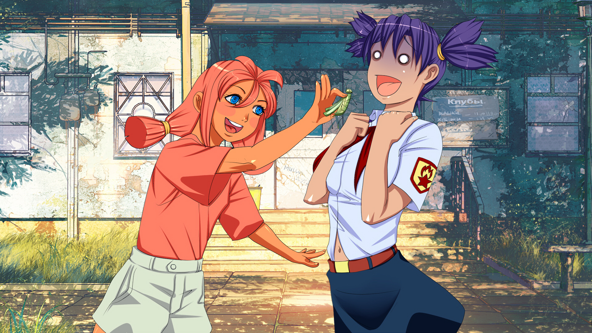 Anime 1920x1080 Everlasting Summer (visual novel) Lena (character) ulyana (character) visual novel redhead purple hair T-shirt Game CG