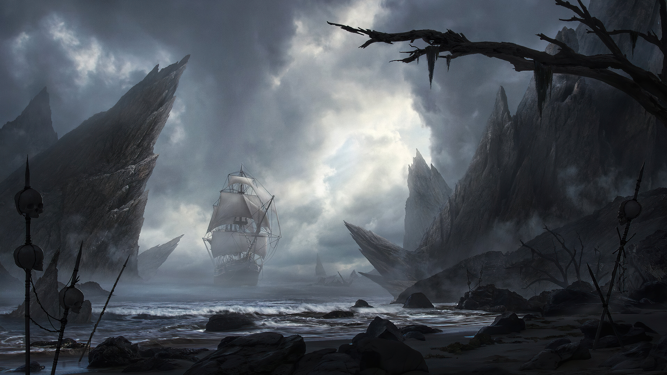 General 2560x1440 concept art Nikola Sinitsa mist sailing ship cliff fantasy art digital art