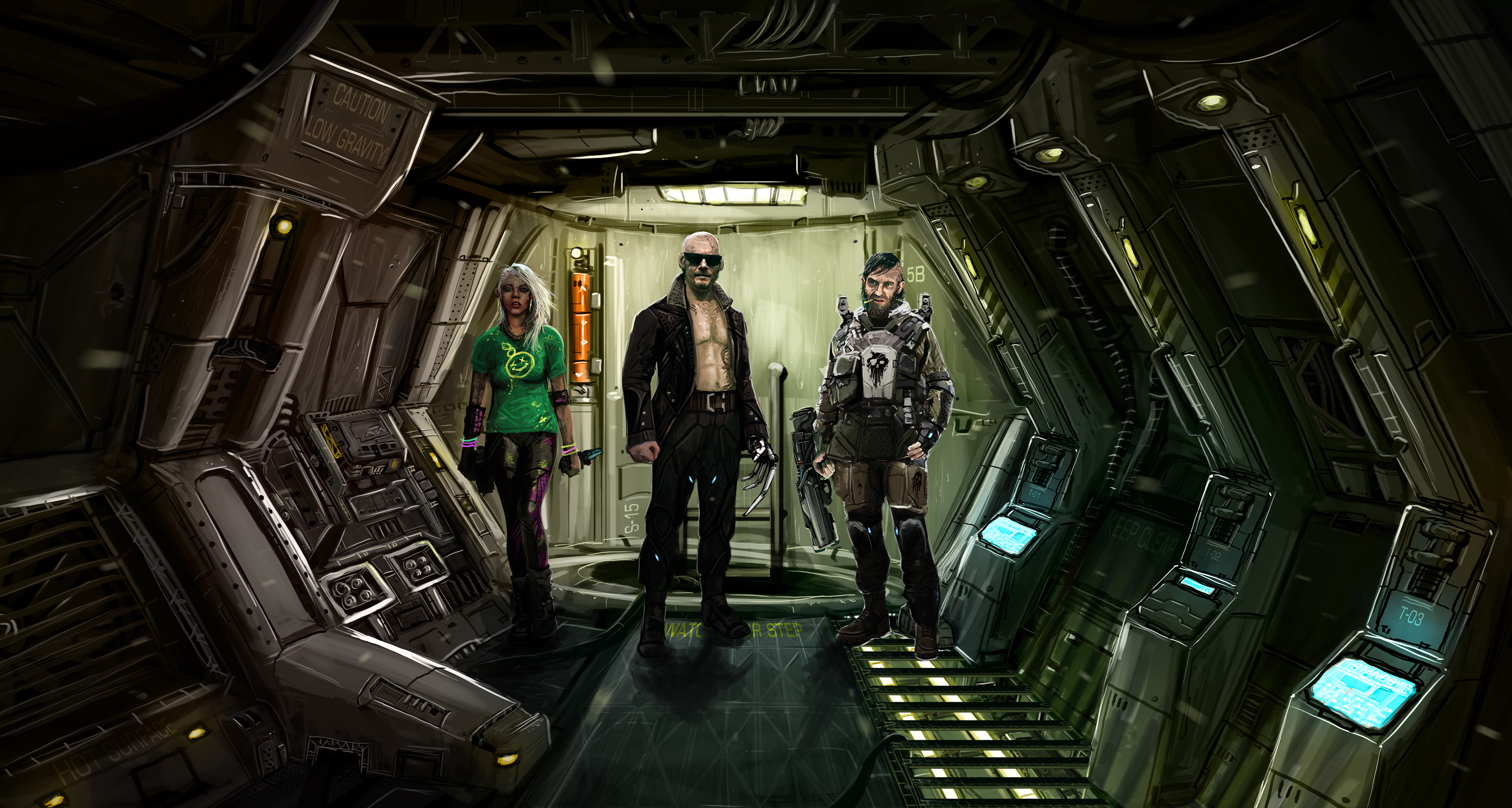 General 3798x2030 Elite: Dangerous science fiction PC gaming Kev-Art digital art standing looking at viewer bald men women cigarettes beard sunglasses jacket