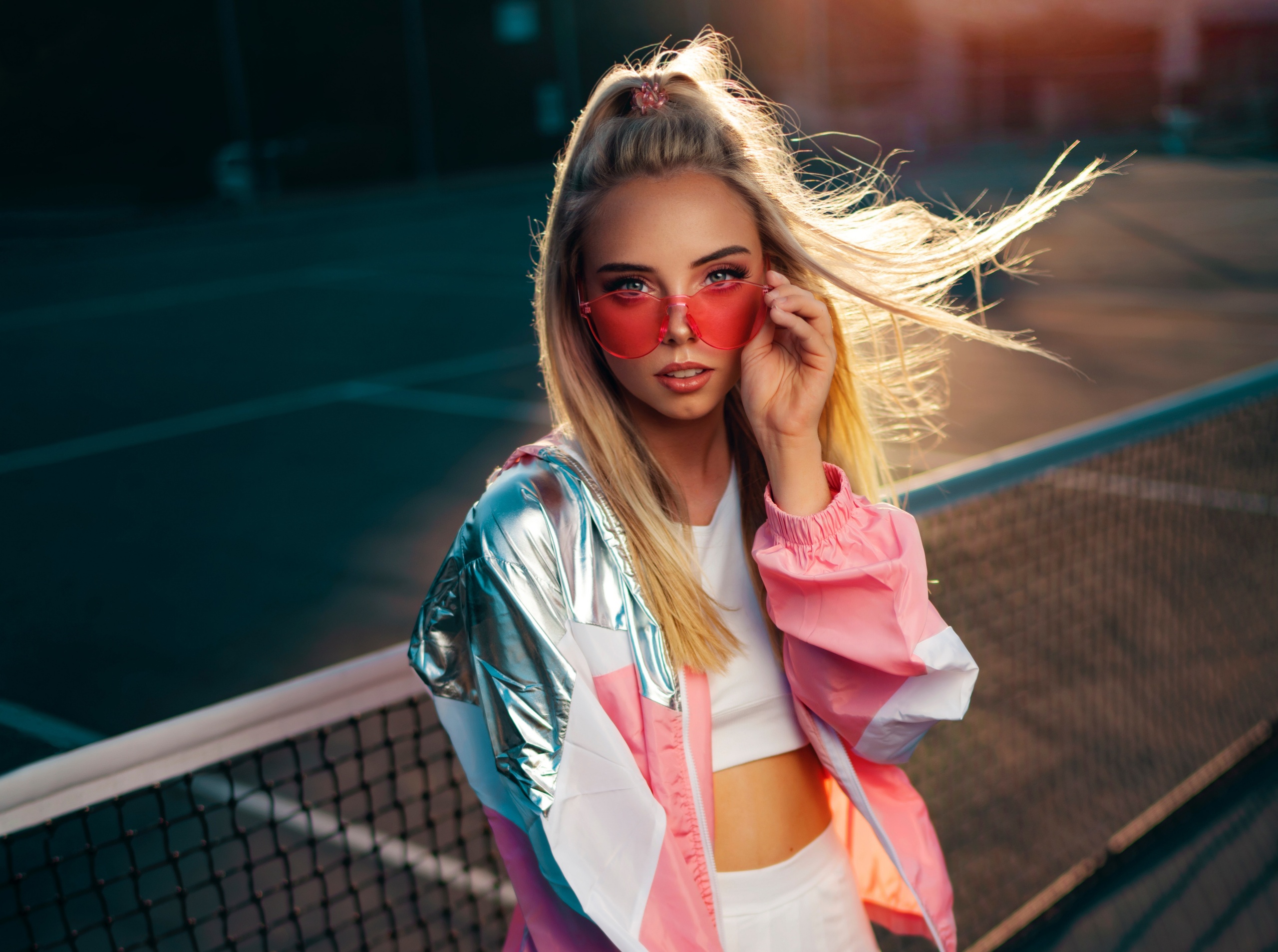 People 2560x1907 women with shades blonde women model windy tennis court open mouth hair blowing in the wind Saraha Hall