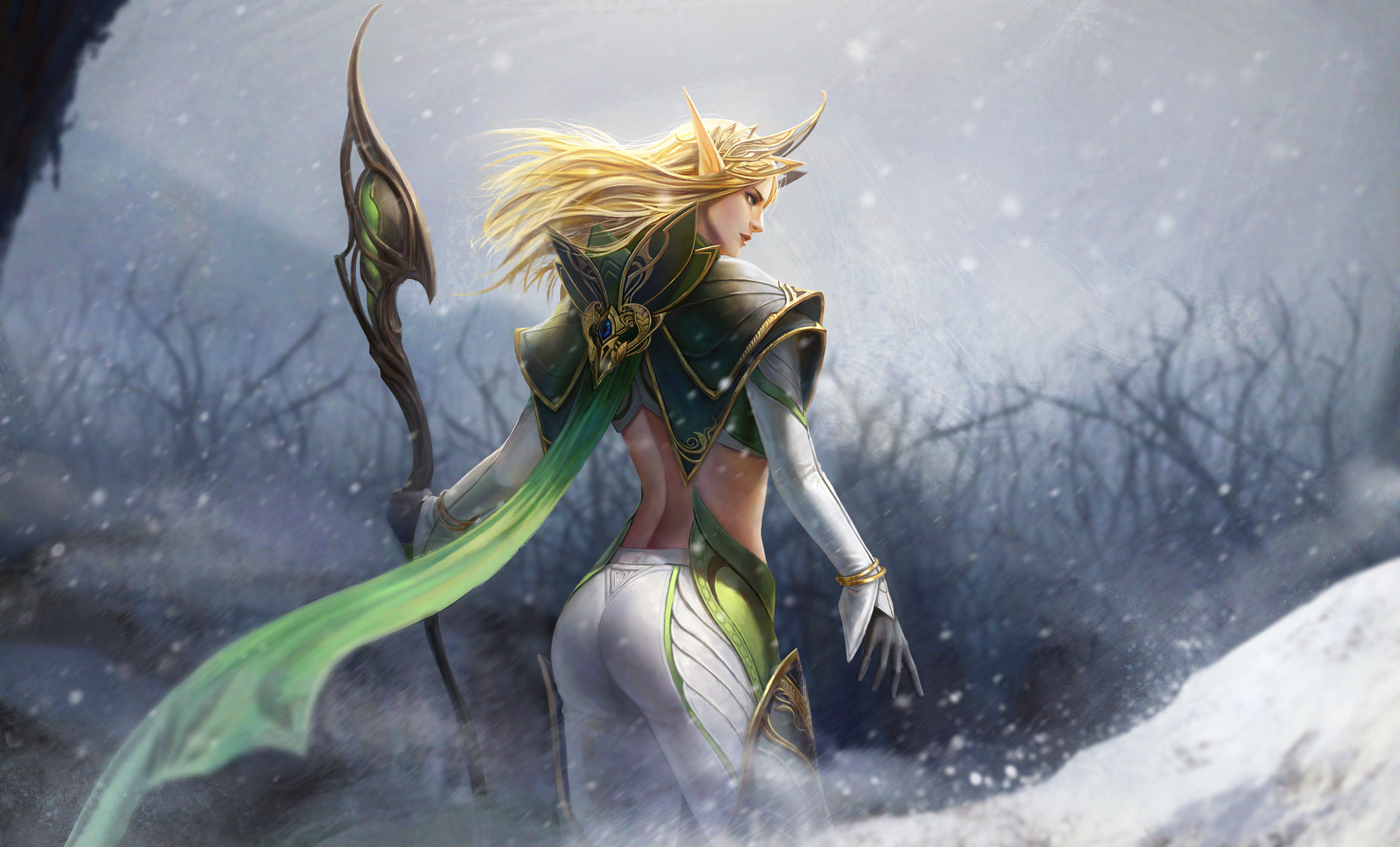 General 1920x1162 TaeKwon Kim drawing women elves blonde long hair wind helmet pointy ears cape armor magician green clothing white clothing staff snow snowing