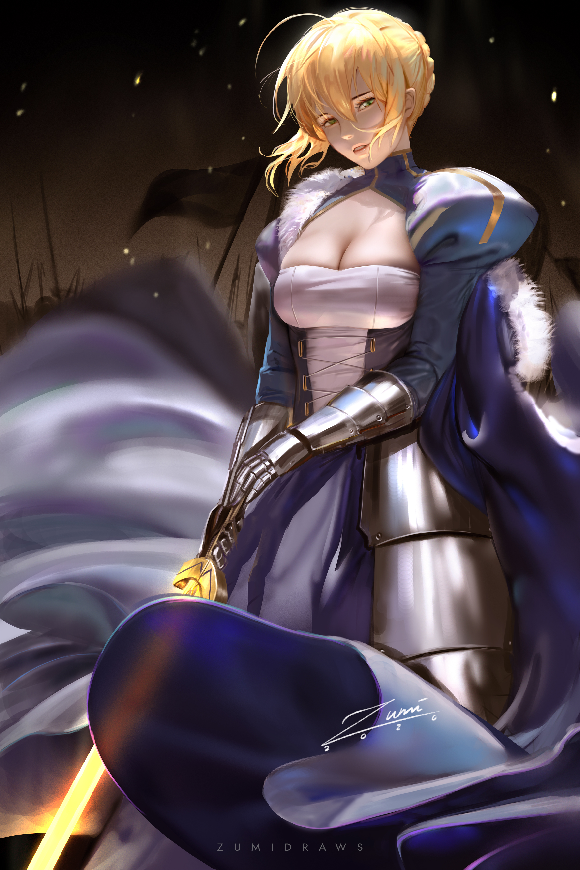 Anime 2339x3508 Saber Fate series anime girls fan art looking at viewer armor cape sword women with swords fantasy art glowing cleavage portrait display artwork digital art illustration watermarked Zumi smiling green eyes Fate/Stay Night Fate/Zero female warrior 2D Excalibur blue dress blonde Artoria Pendragon