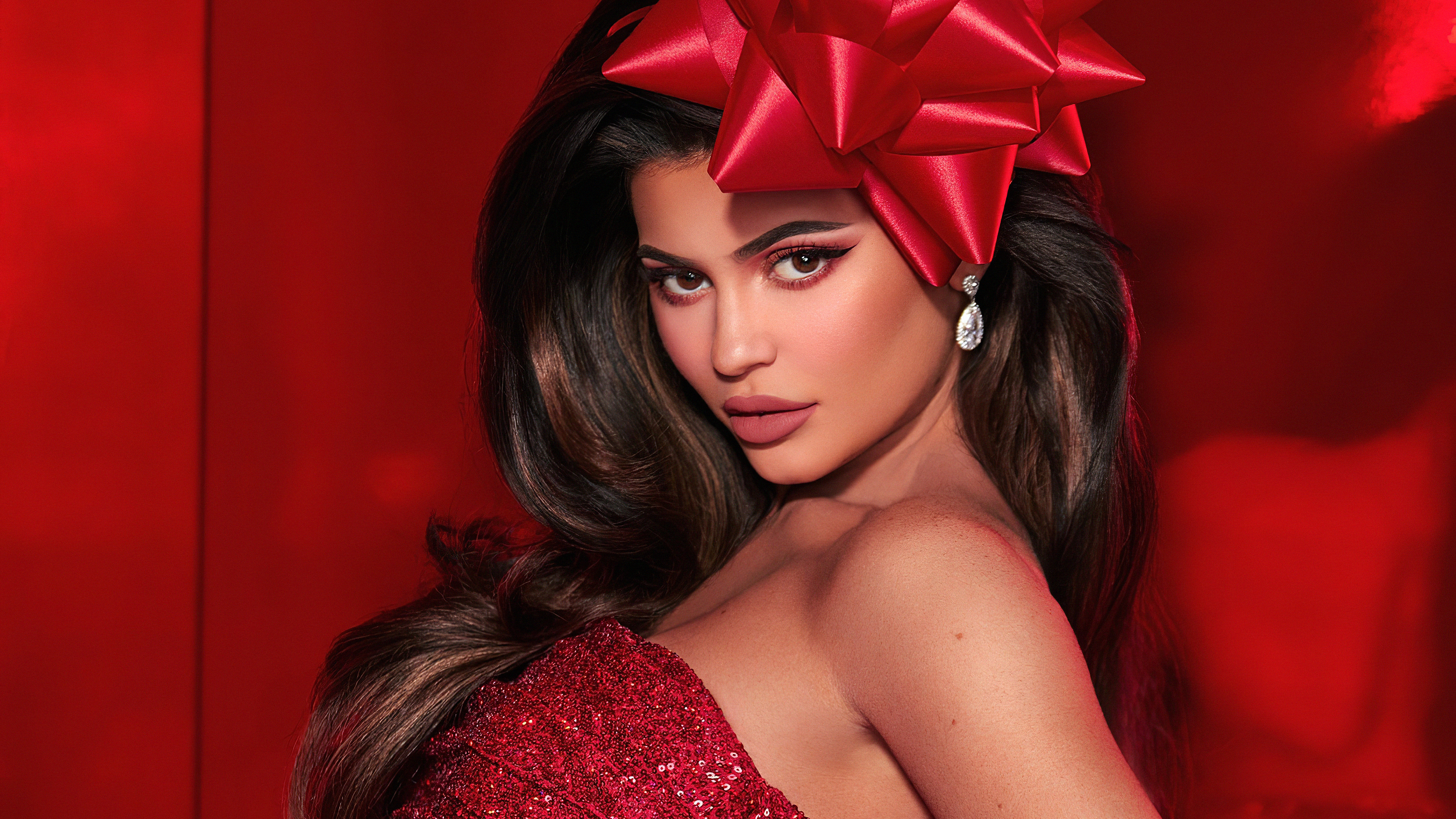 People 3276x1843 Kylie Jenner red presents sequins makeup dress women model brunette red dress closeup