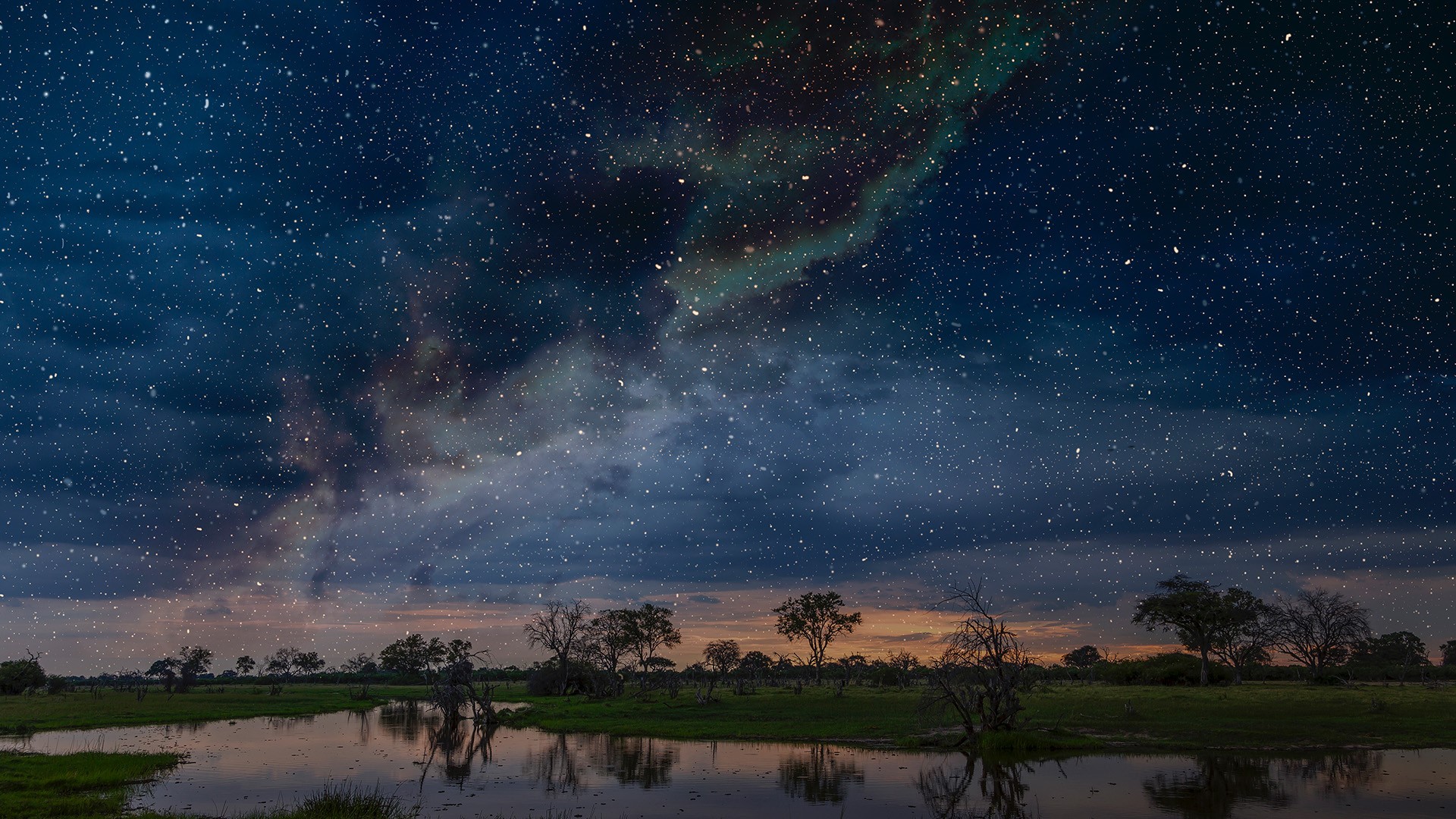General 1920x1080 nature landscape sunset pond trees grass night stars clouds Botswana South Africa