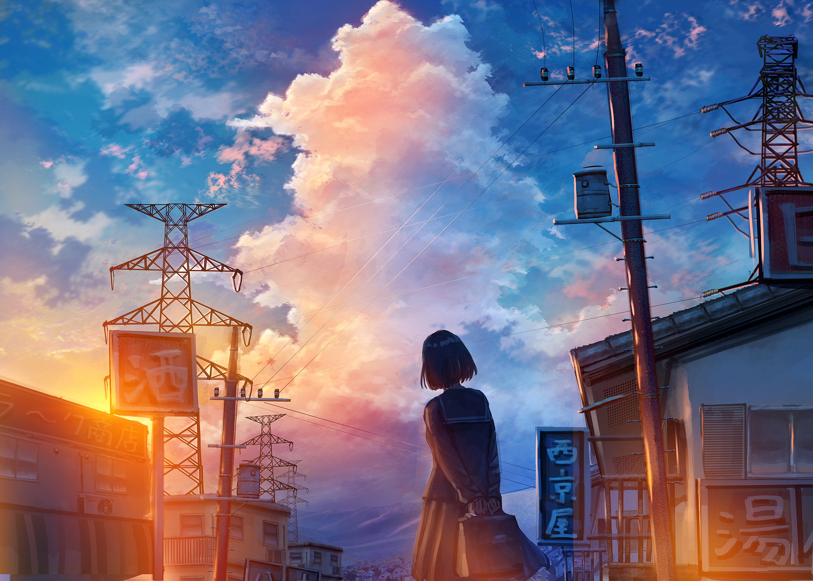 Anime 2800x2000 sunset clouds anime anime girls moescape power lines