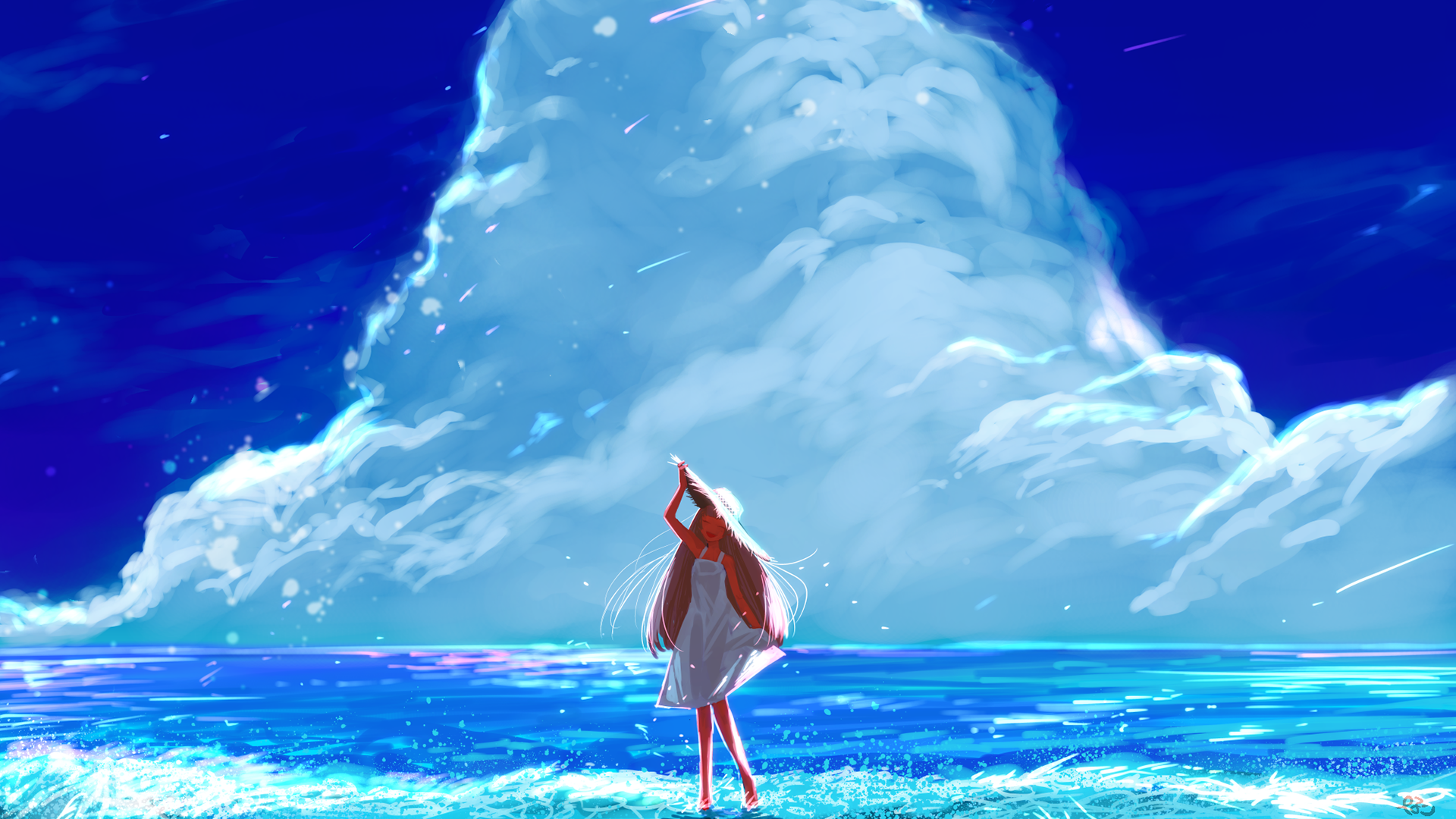 Anime 1920x1080 long hair water clouds Black Lagoon drawing artwork anime girls summer dress straw hat sky standing in water