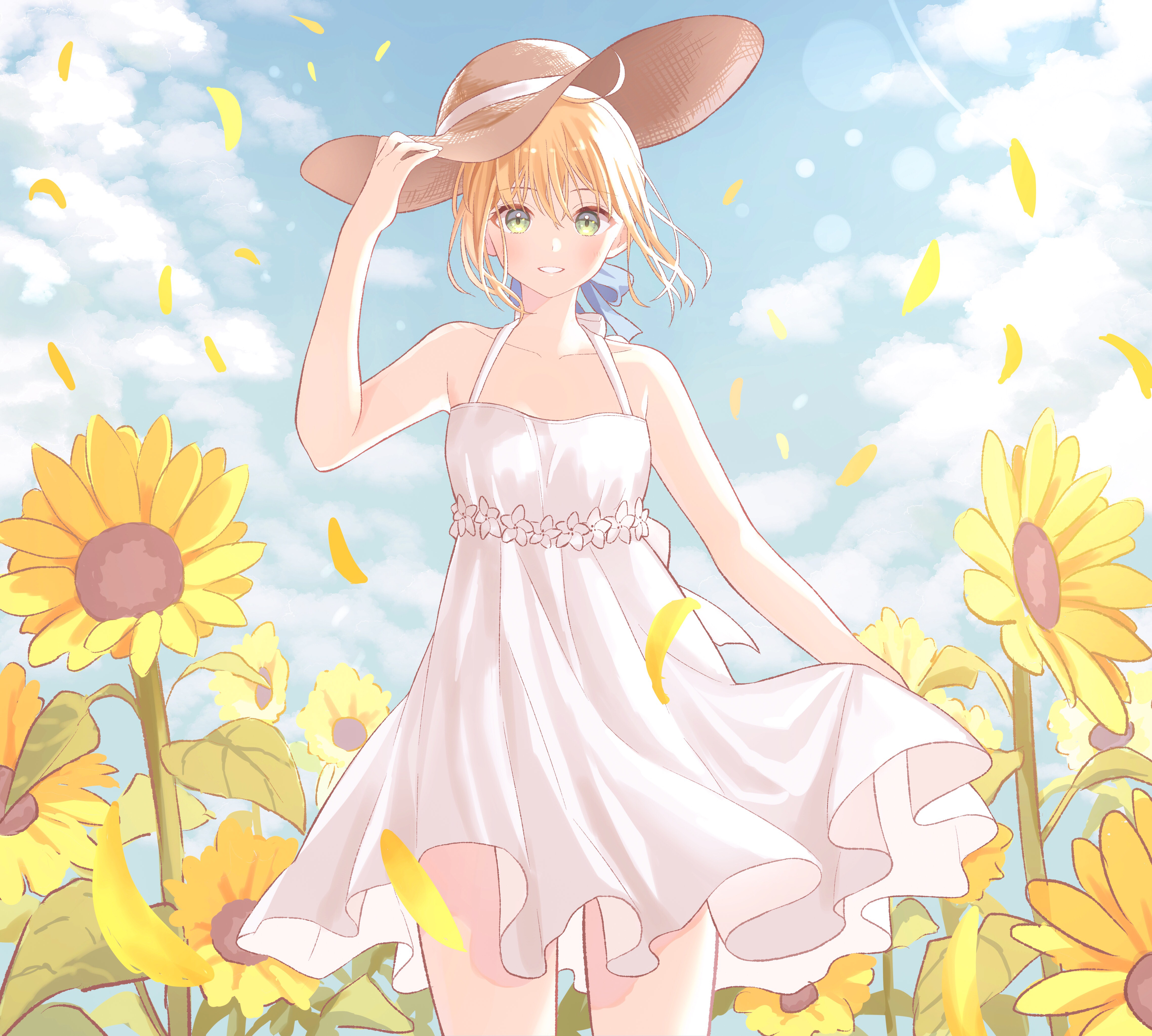 Anime 4552x4093 Fate series Fate/Stay Night anime girls 2D small boobs clear sky thighs white dress no bra smiling Saber green eyes blushing looking at viewer blue ribbons fan art sunflowers anime sun dress blonde Artoria Pendragon