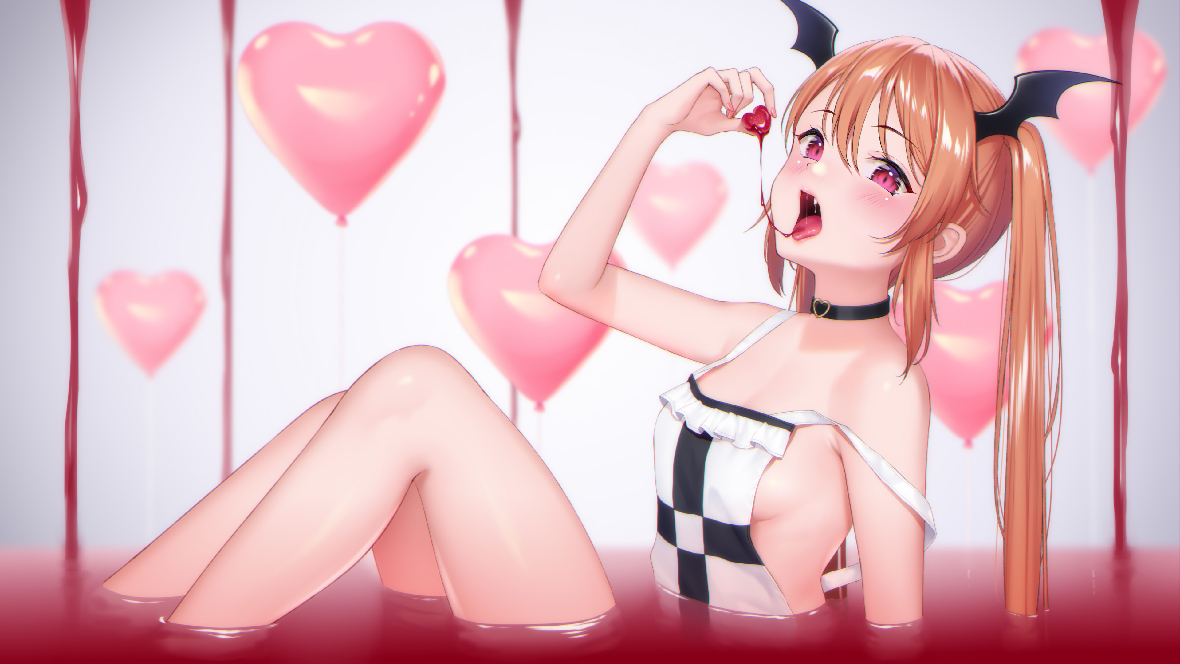 Anime 3840x2160 Iriam (Virtual Youtuber) long hair redhead horns blush open mouth candy choker demon girls heart blood no bra sideboob twintails red eyes Shimashima08123 partially clothed apron naked apron