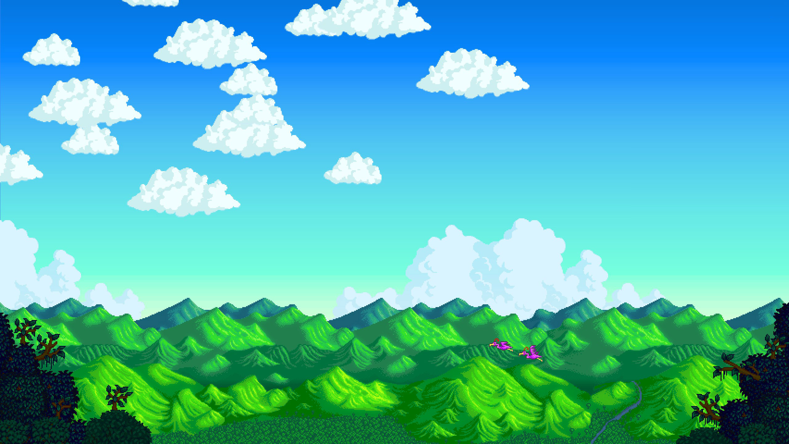 General 2560x1440 pixel art pixelated pixels digital art Stardew Valley clouds mountains forest flamingos landscape