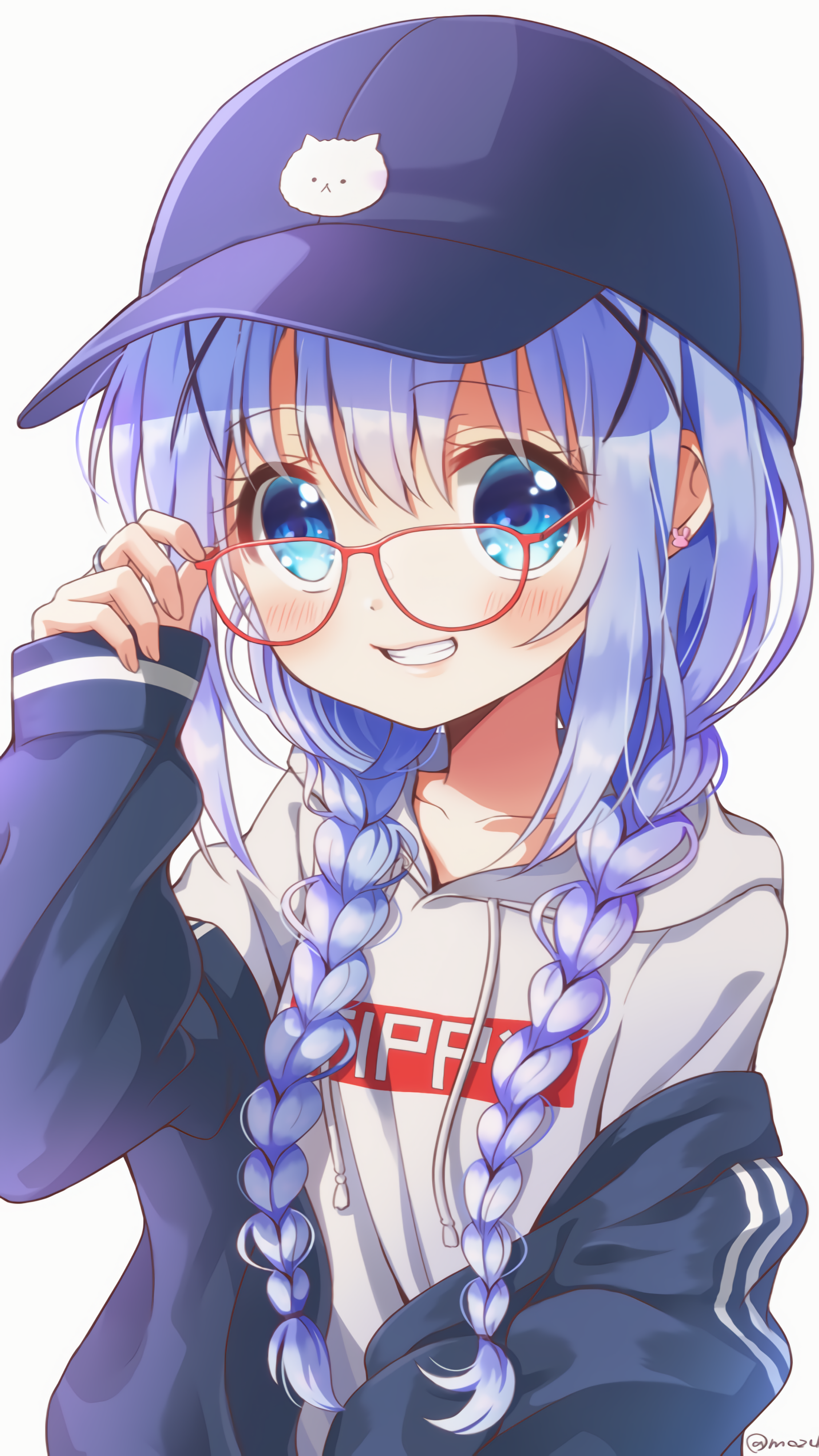Anime 2250x4000 anime anime girls glasses portrait display baseball cap smiling blue hair braids blue eyes blushing Gochuumon wa Usagi Desu ka? Kafuu Chino loli