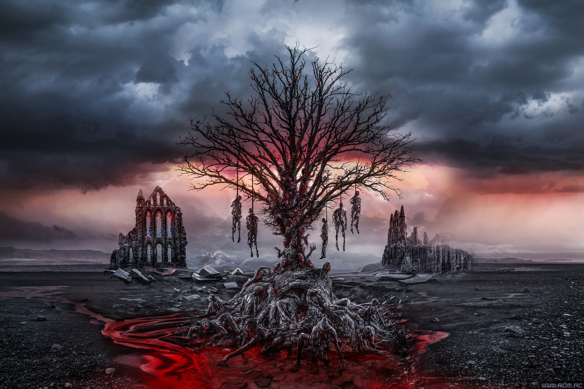 General 1920x1280 Romantically Apocalyptic drawing death comics trees roots red overcast ruins dead apocalyptic branch