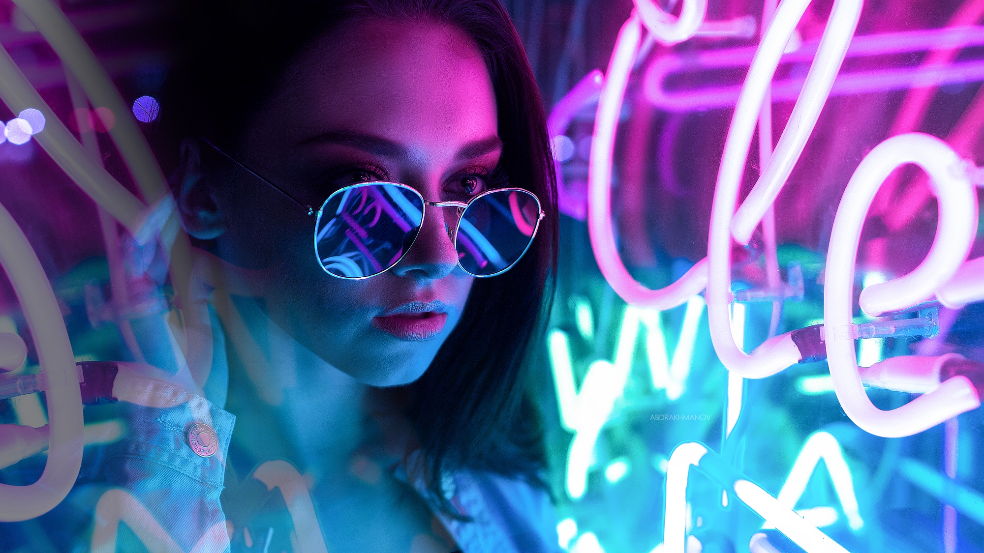 People 2000x1125 women model portrait face women with shades looking into the distance neon cyan pink