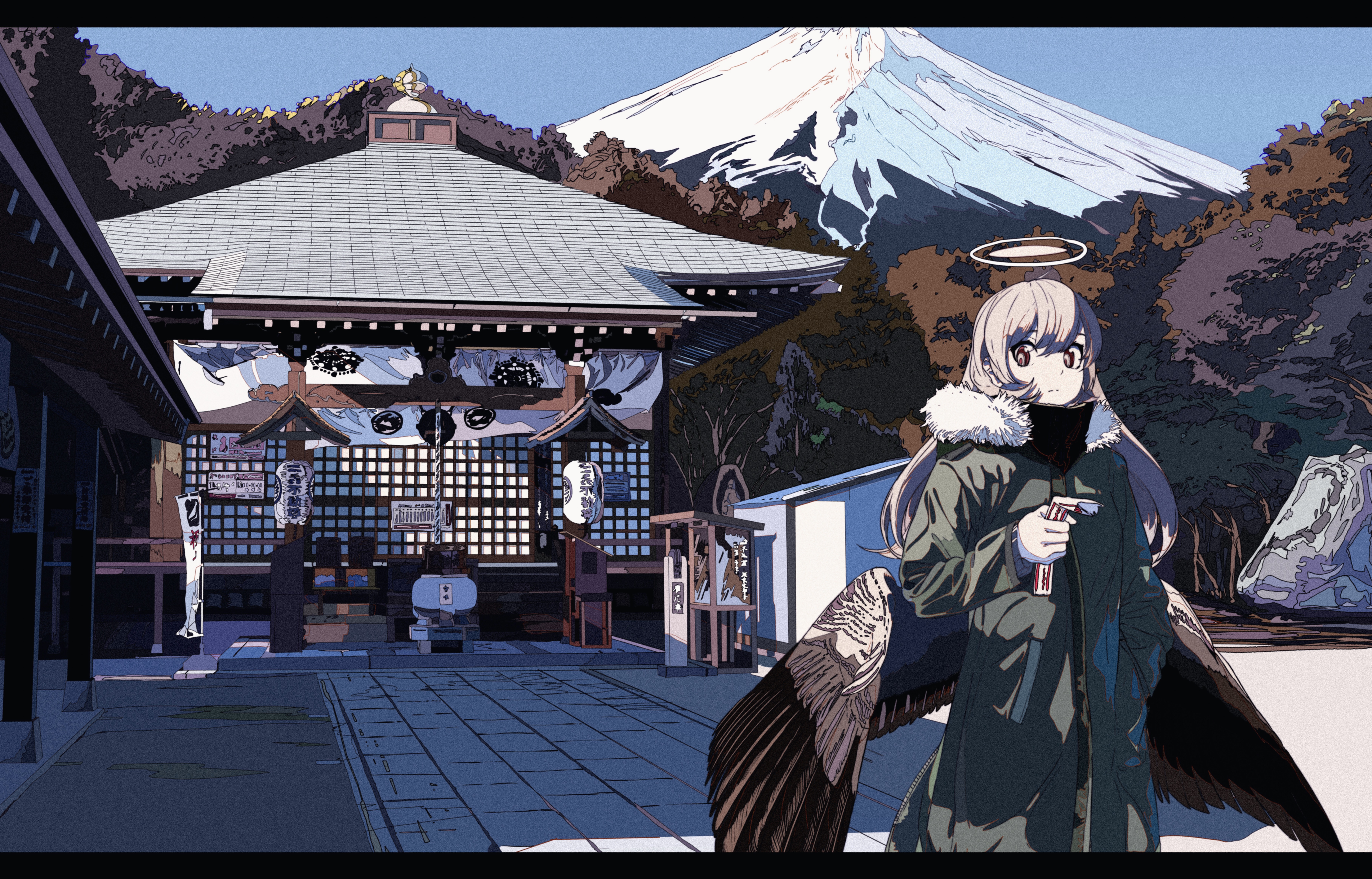 Anime 7168x4593 wings shrine mountain top white Japan artwork