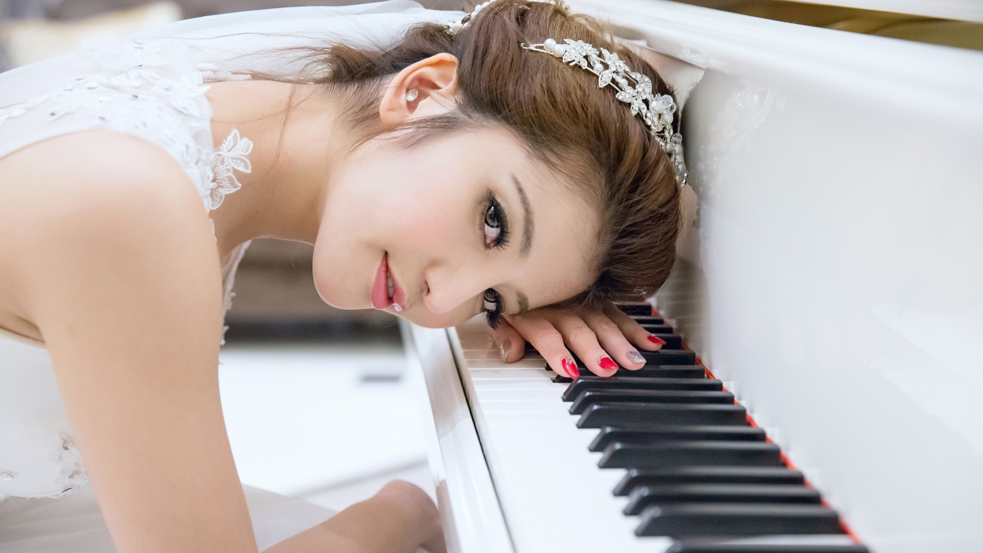 People 1920x1080 women model photography Asian wedding dress musical instrument piano face painted nails portrait brides hair ornament