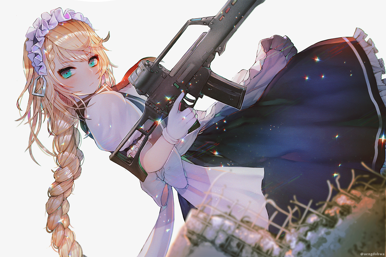 Anime 1500x1000 anime anime girls Heckler & Koch G36 weapon blonde braids aqua eyes assault rifle maid outfit G36 (Girls Frontline) Girls Frontline artwork Hanato