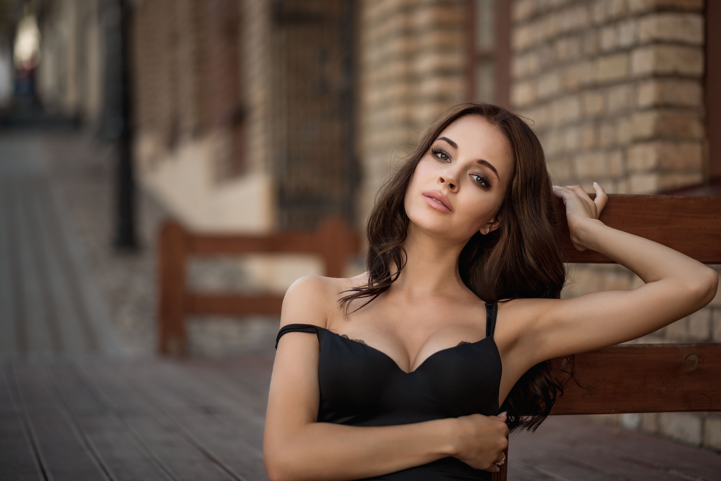 People 2400x1603 women face portrait black clothing armpits brunette Vitali Zuenok cleavage women outdoors closeup